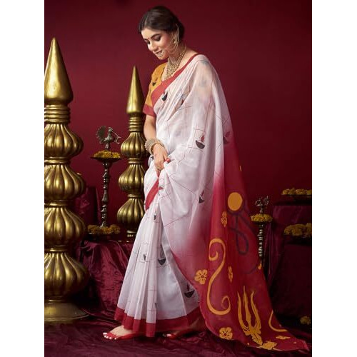 Satrani Women's Chanderi Cotton Printed Durga Puja Special Saree With Unstitched Blouse Piece (4767S7022N_White1)