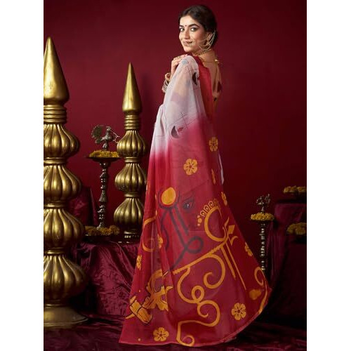 Satrani Women's Chanderi Cotton Printed Durga Puja Special Saree With Unstitched Blouse Piece (4767S7022N_White1)