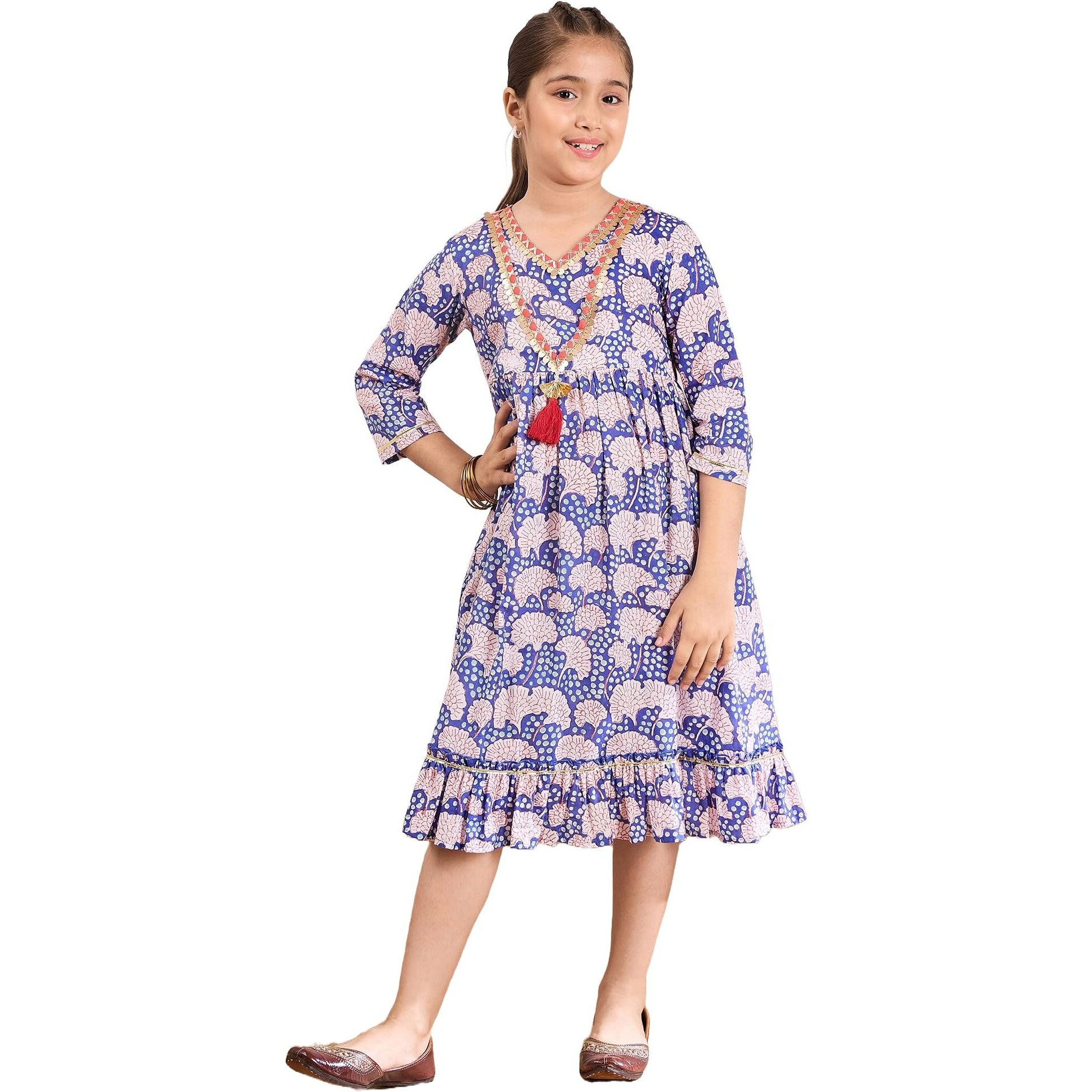 Pspeaches Blue Color Cotton Fabric Dress With V Neck Stylish Knee Length Girls' Fashion (6-8 Years)