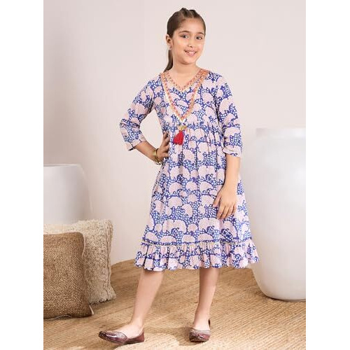 Pspeaches Blue Color Cotton Fabric Dress With V Neck Stylish Knee Length Girls' Fashion (6-8 Years)