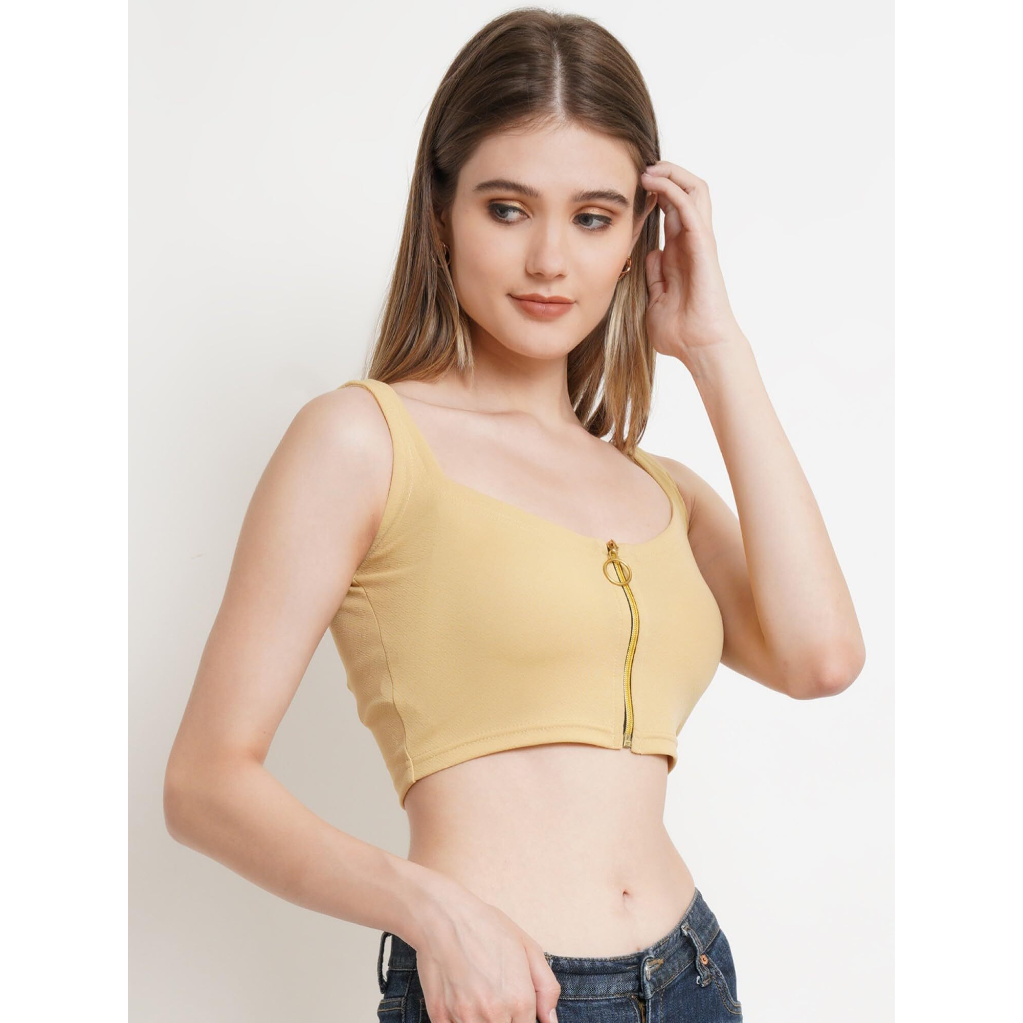 Popwings Solid Casual Sleeveless Regular-Fit Crop Tops For Women With Front Chain| Crop Tops For Women Stylish Western Summer Wear Skin