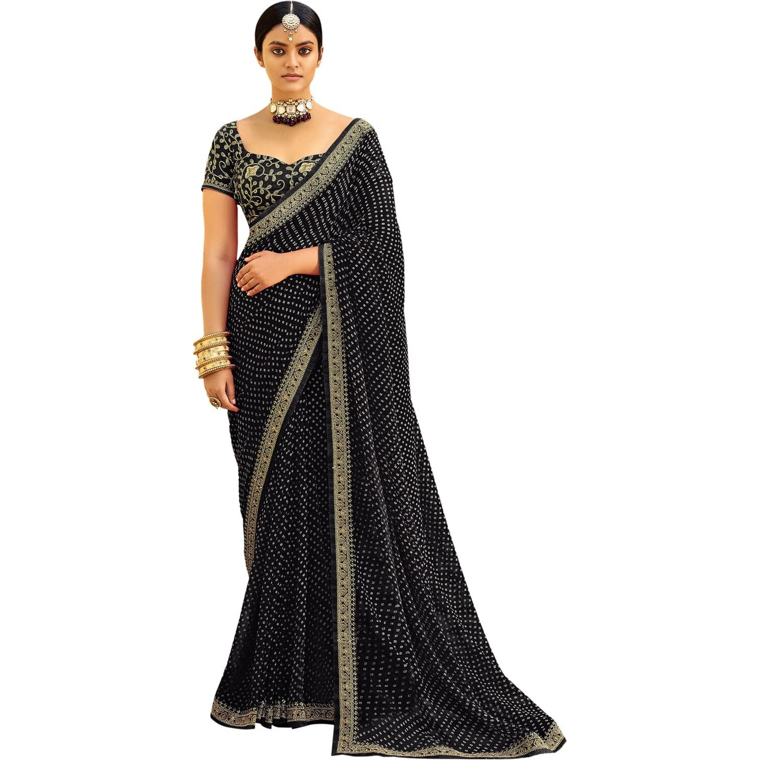 Satrani Women's Bandhani Printed & Embroidery Work In Lace Georgette Saree With Unstitched Blouse Piece(2302Sr133_Black)