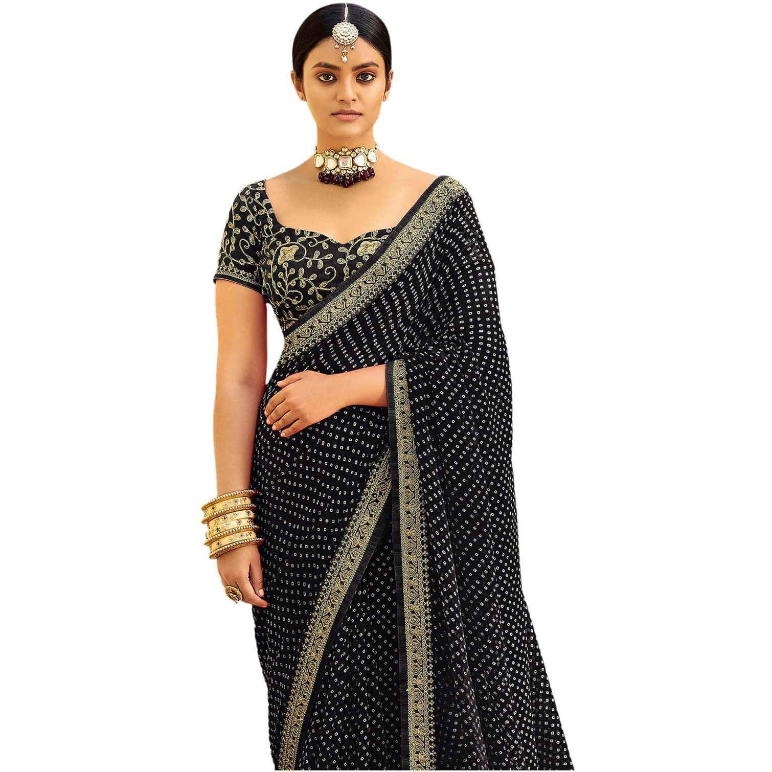 Satrani Women's Bandhani Printed & Embroidery Work In Lace Georgette Saree With Unstitched Blouse Piece(2302Sr133_Black)
