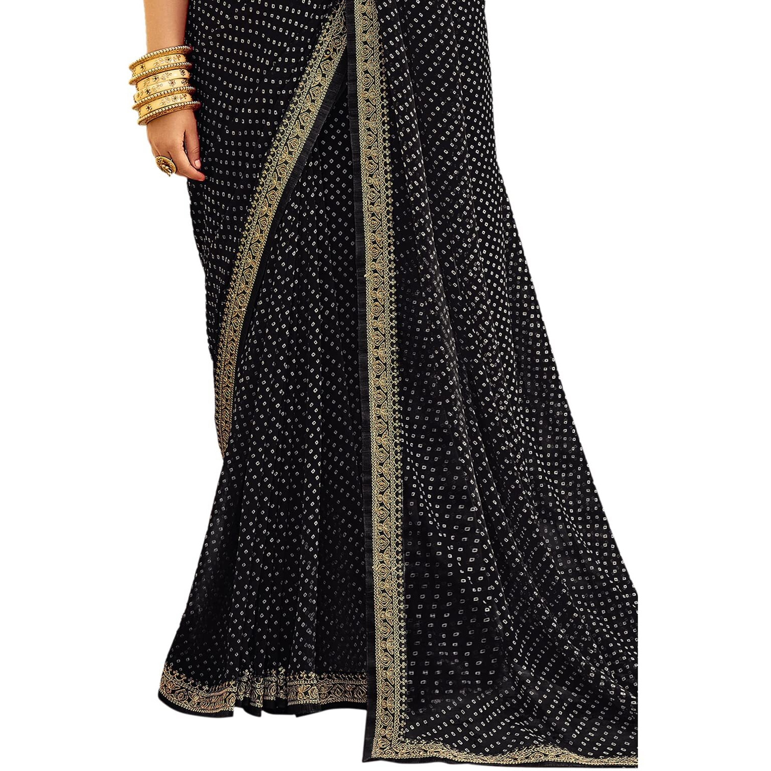 Satrani Women's Bandhani Printed & Embroidery Work In Lace Georgette Saree With Unstitched Blouse Piece(2302Sr133_Black)