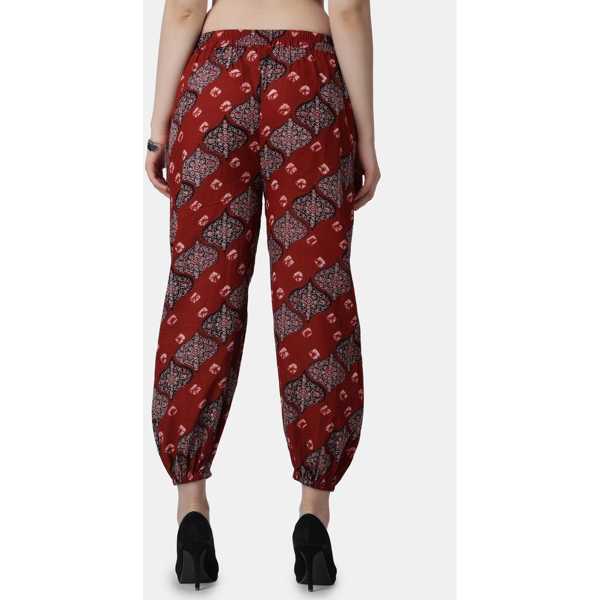 Popwings Casual Bagru Printed Joggers For Women || Pull On Joggers For Women || Comfortable Casual Women Joggers For Summer || Loose Fit Joggers For Women Maroon