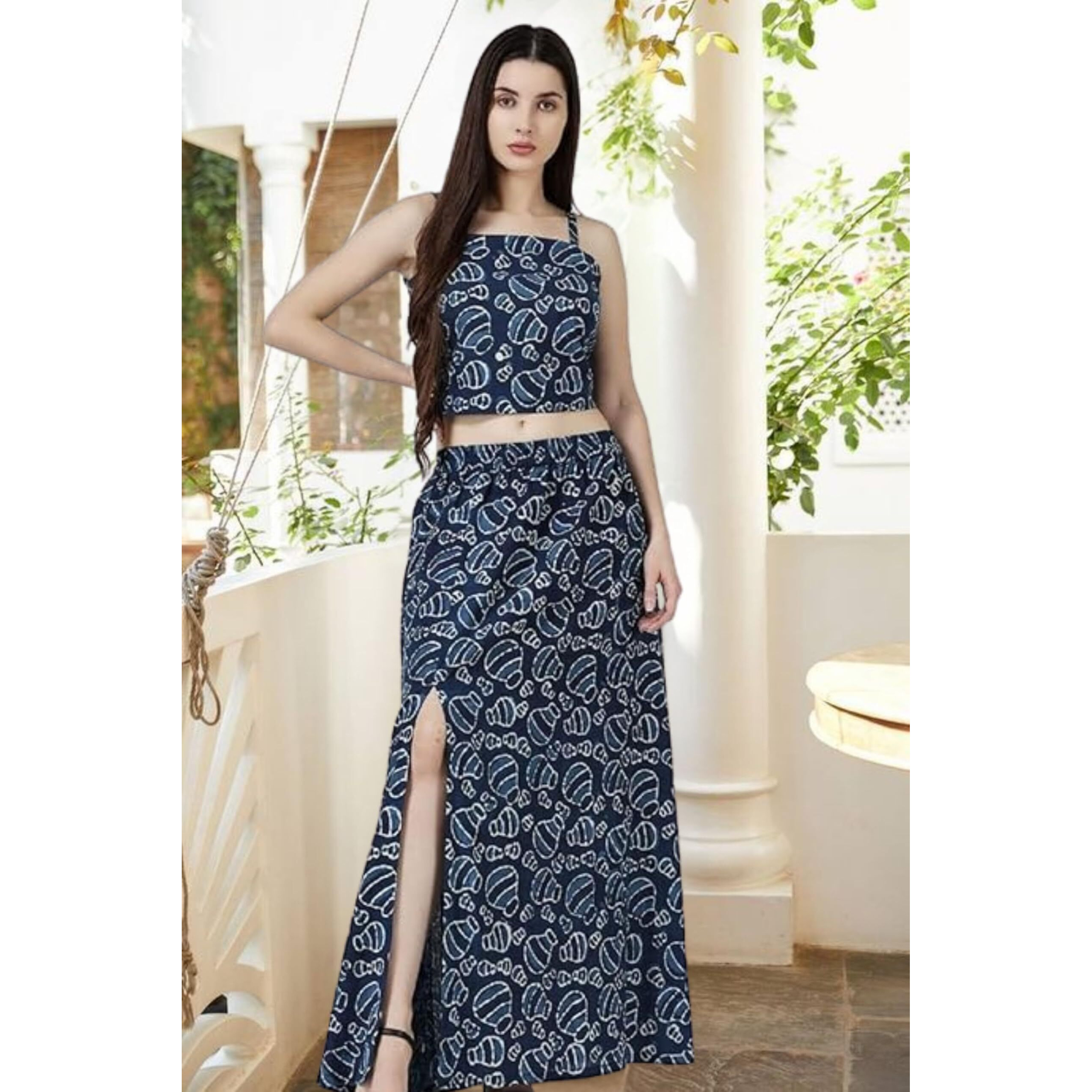 Popwings Casual Bagru Printed Cotton Top And Skirt Co-Ord Set For Women || Pom Pom Top And Long Slit Skirt Dress Set For Women || Two Piece Women Set For Summer Indigo Blue