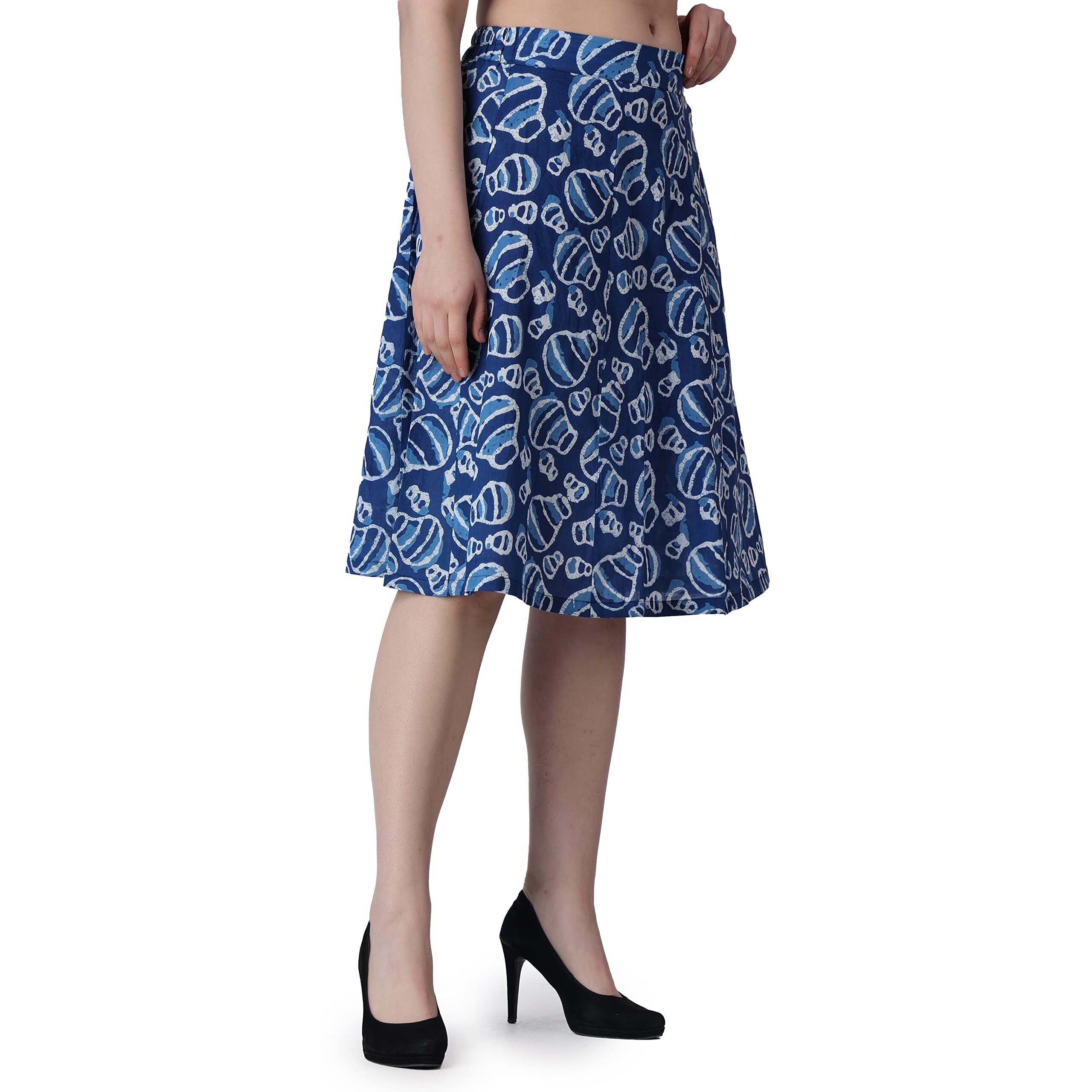 Popwings Casual Bagru Printed A Line Knee Length Skirt For Women|Summer Skirt For Women|Ethnic Skirt For Women Blue