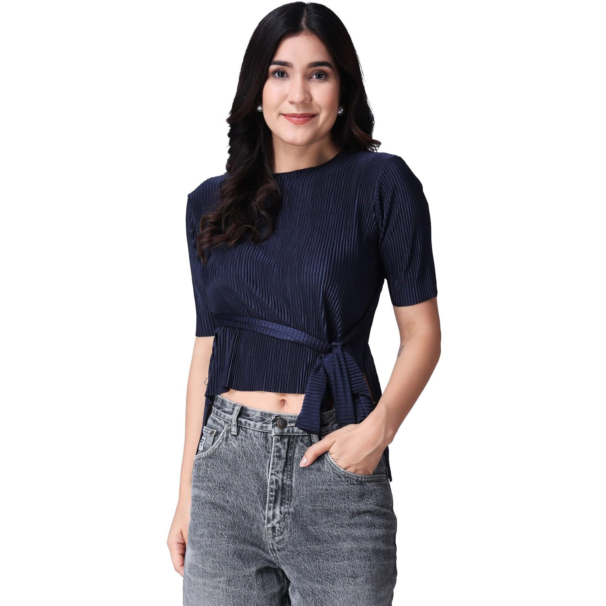 Popwings Casual Wrinkle Belt Top For Women || Round-Neck Stylish Summer Tops For Women || Half Sleeves Tops For Women