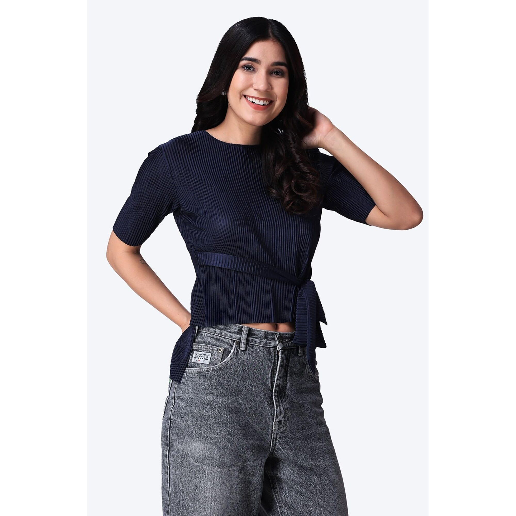 Popwings Casual Wrinkle Belt Top For Women || Round-Neck Stylish Summer Tops For Women || Half Sleeves Tops For Women