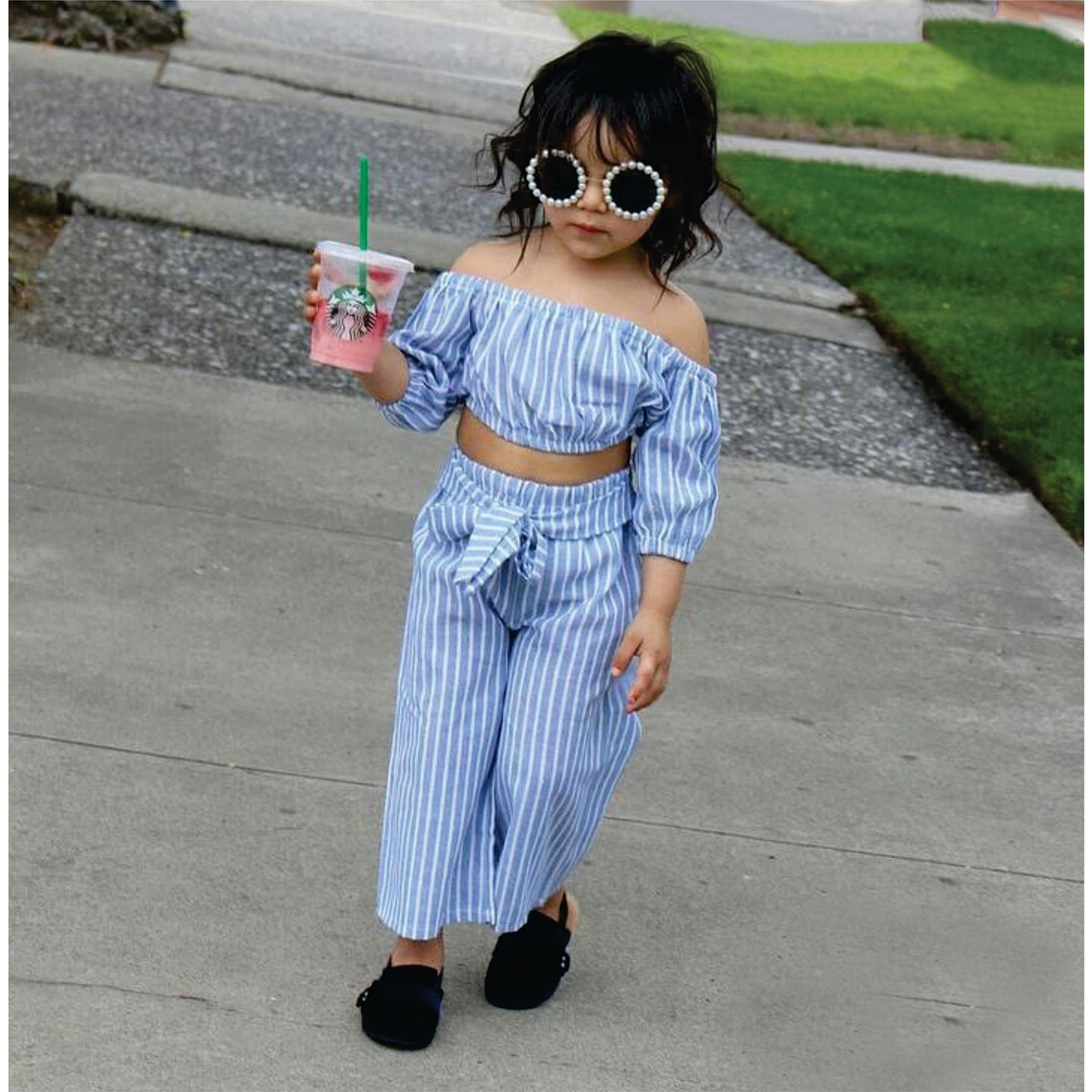 Pujia Mills Baby Girl Striped Printed Off Shoulder Crop Top And Trouser Set For Kids (Bgd 4-3-4) White