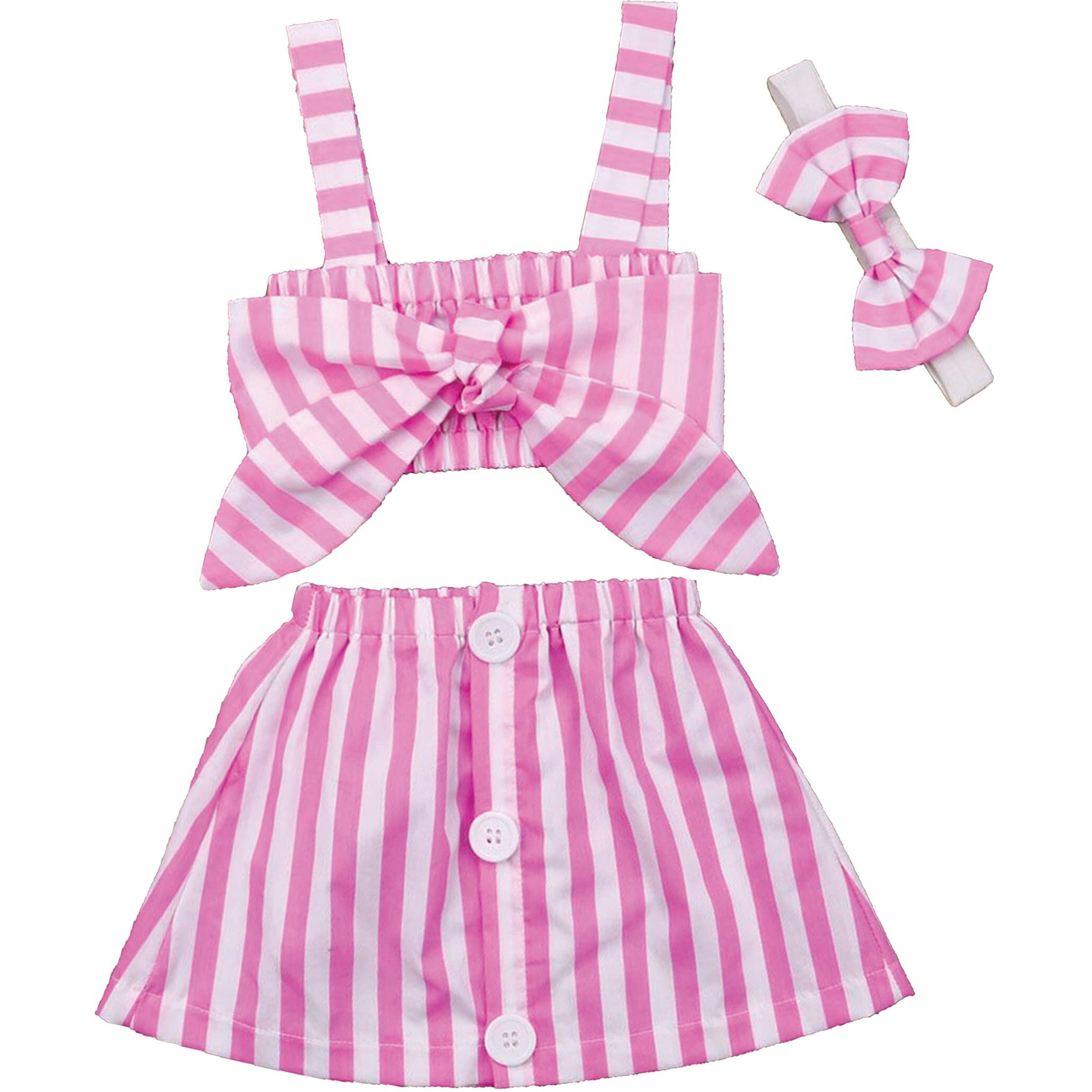 Pujia Mills Baby Girl Pink & White Line Printed Rayon Skirt And Top With Hair Band For Kids (Bgd 1-1-2)