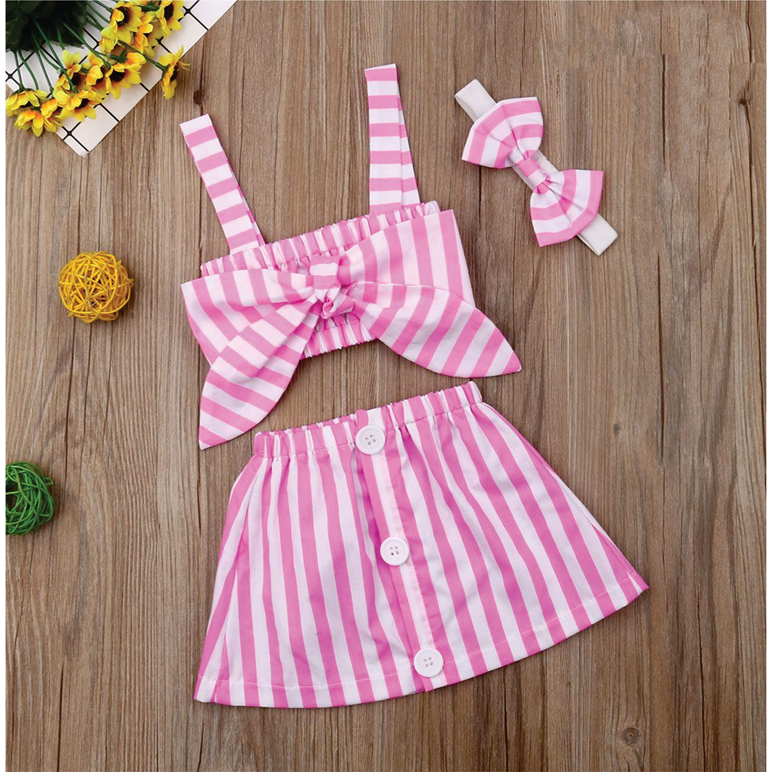 Pujia Mills Baby Girl Pink & White Line Printed Rayon Skirt And Top With Hair Band For Kids (Bgd 1-1-2)