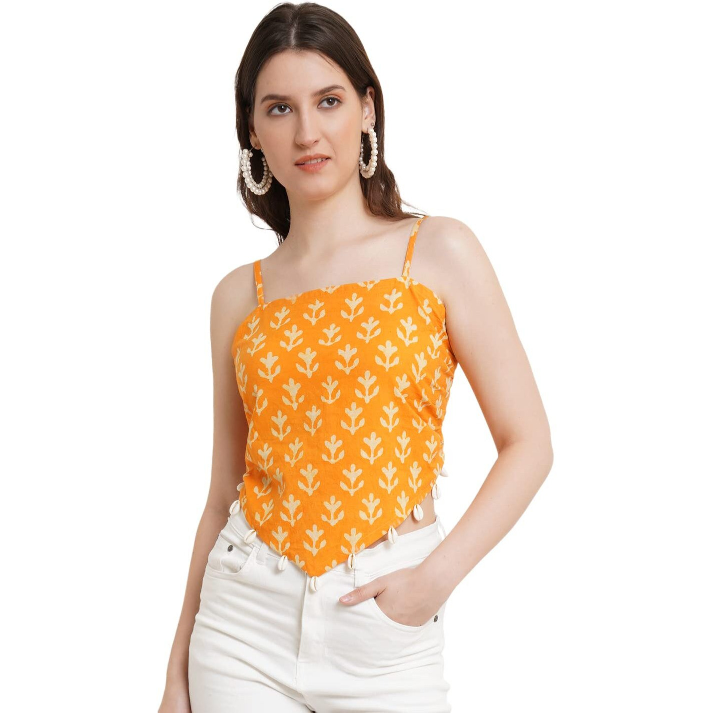 Popwings Women Yellow Ethnic Print Pure Cotton Crop Regular Fit Top Xl