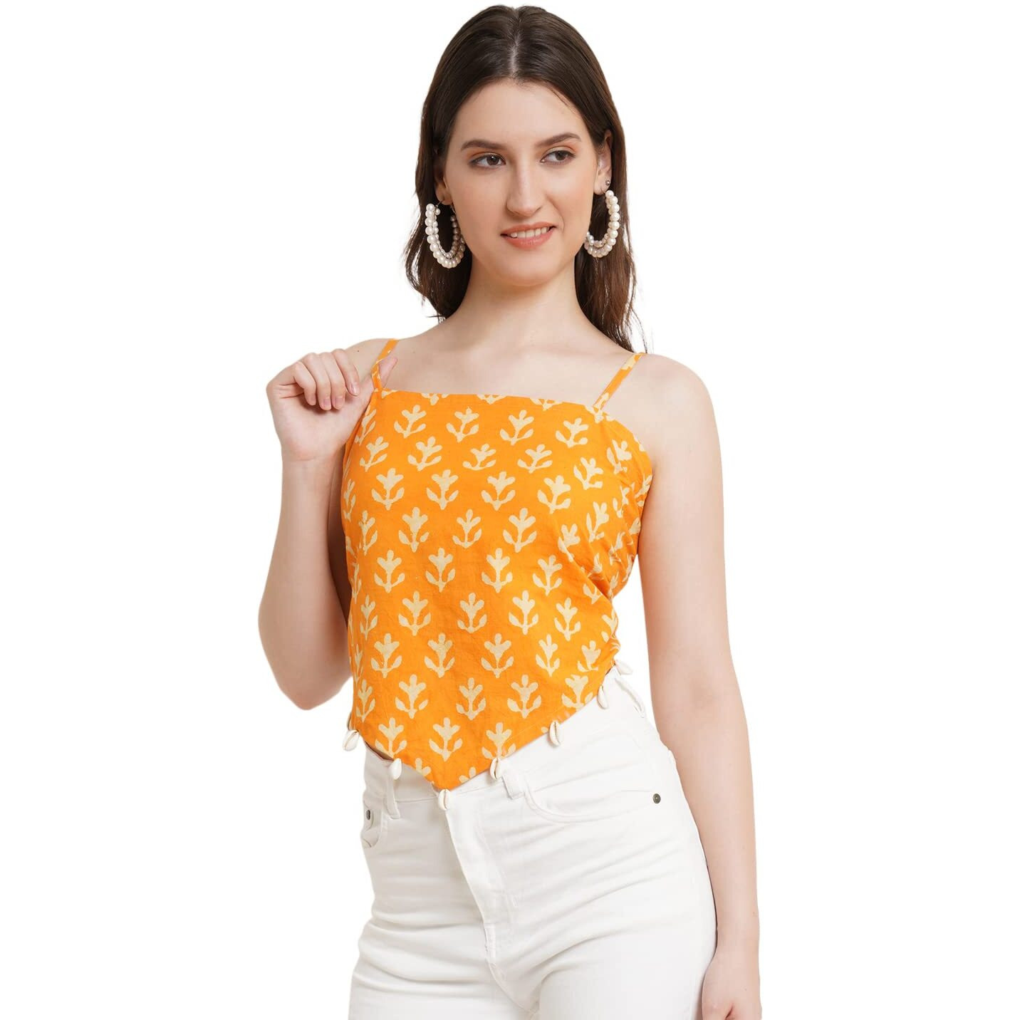 Popwings Women Yellow Ethnic Print Pure Cotton Crop Regular Fit Top Xl
