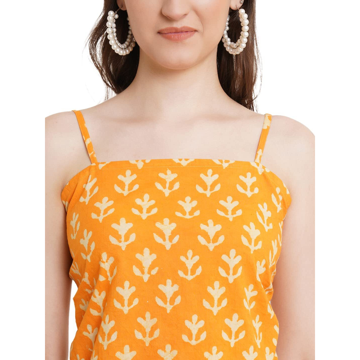 Popwings Women Yellow Ethnic Print Pure Cotton Crop Regular Fit Top Xl