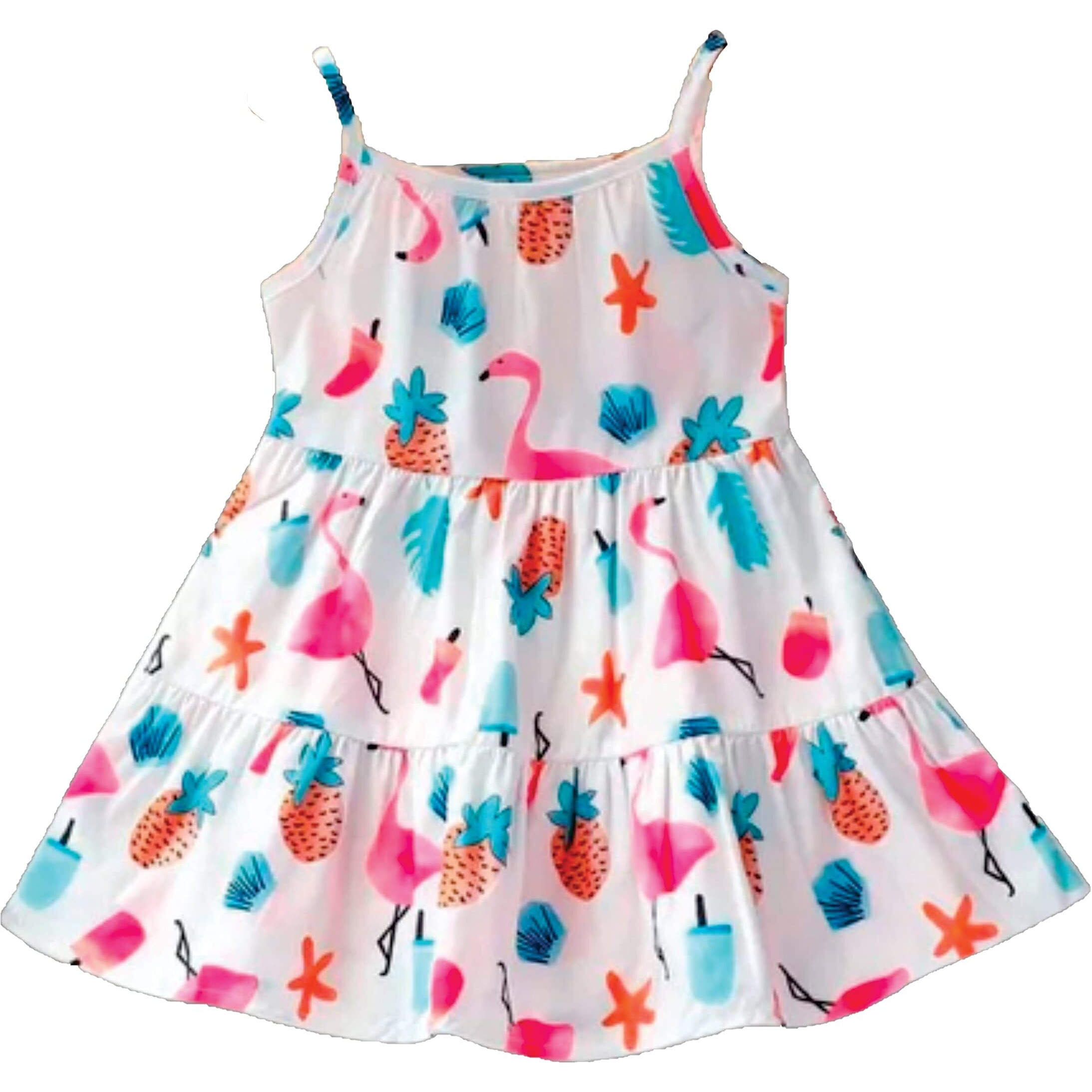 Pujia Mills Baby Girls Flamingo Print Ruffle Trim Frock Dress For Baby Girl (Bgd 48-3-4) White