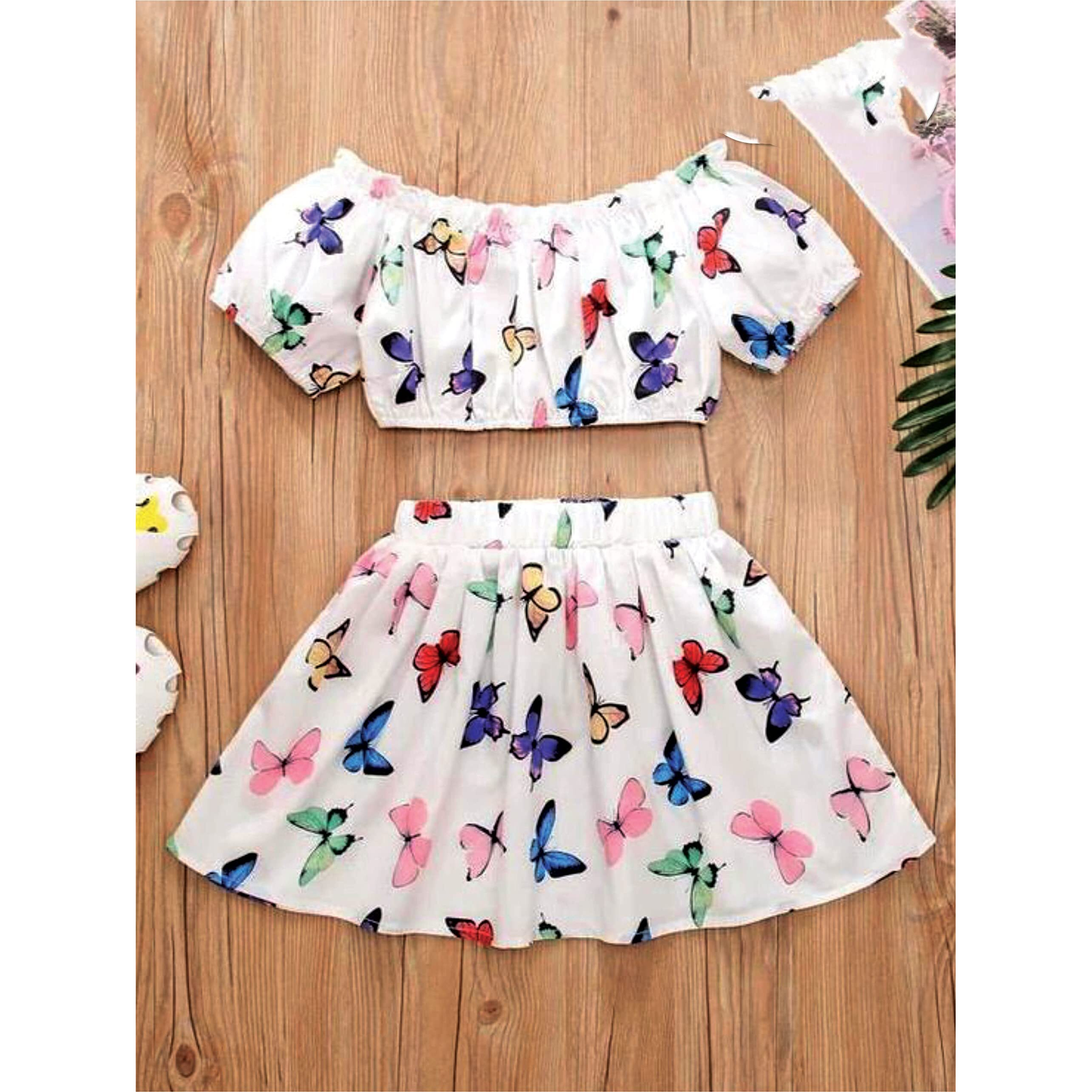 Pujia Mills Baby Girl Butterfly Printed Rayon Skirt And Crop Top For Kids (Bgd 76-3-4) White
