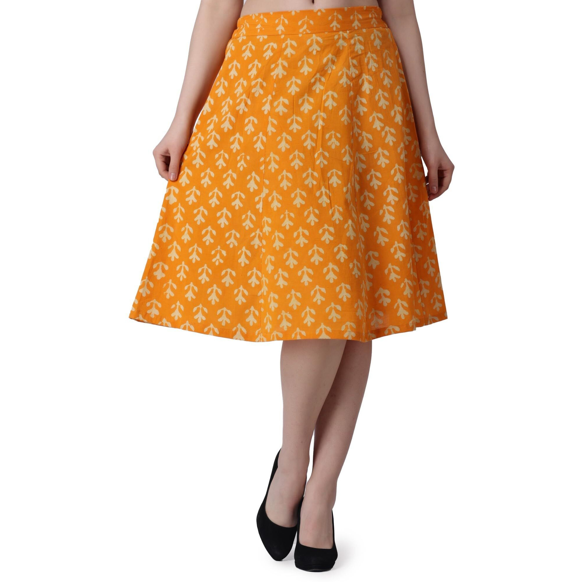 Popwings Casual Bagru Printed A Line Knee-Length Skirt For Women | Summer Skirt For Women | Ethnic Skirt For Women Yellow