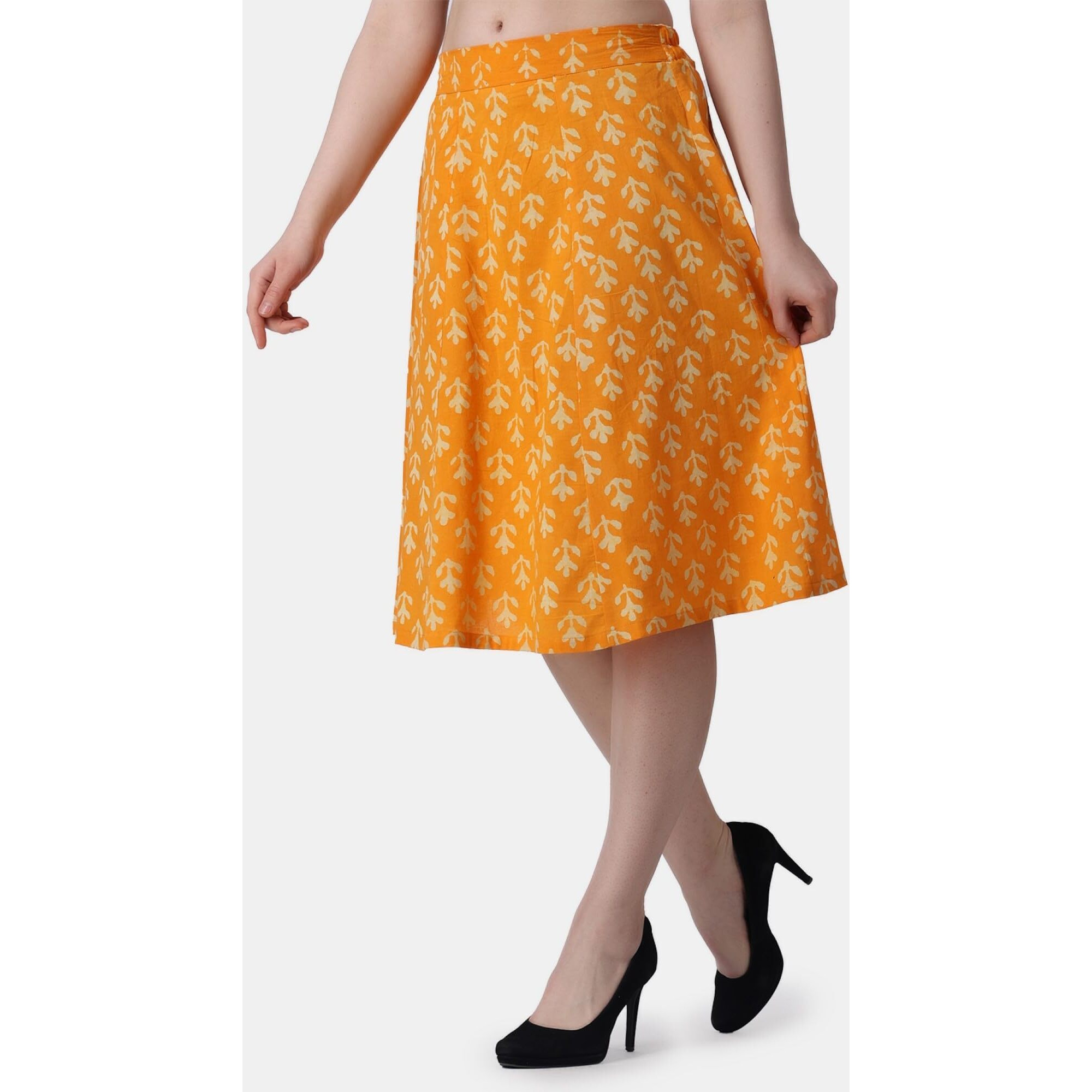 Popwings Casual Bagru Printed A Line Knee-Length Skirt For Women | Summer Skirt For Women | Ethnic Skirt For Women Yellow