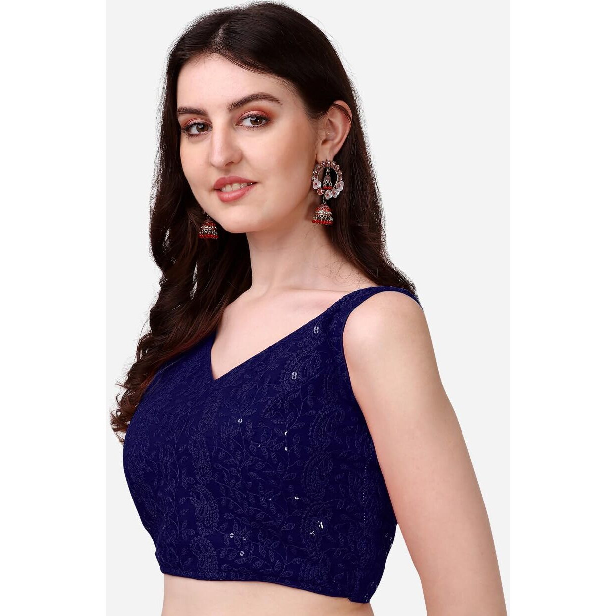 Pujia Mills Women's Georgette Sipali Sequin Work Sleeveless Blouse (Navy Blue, 34)