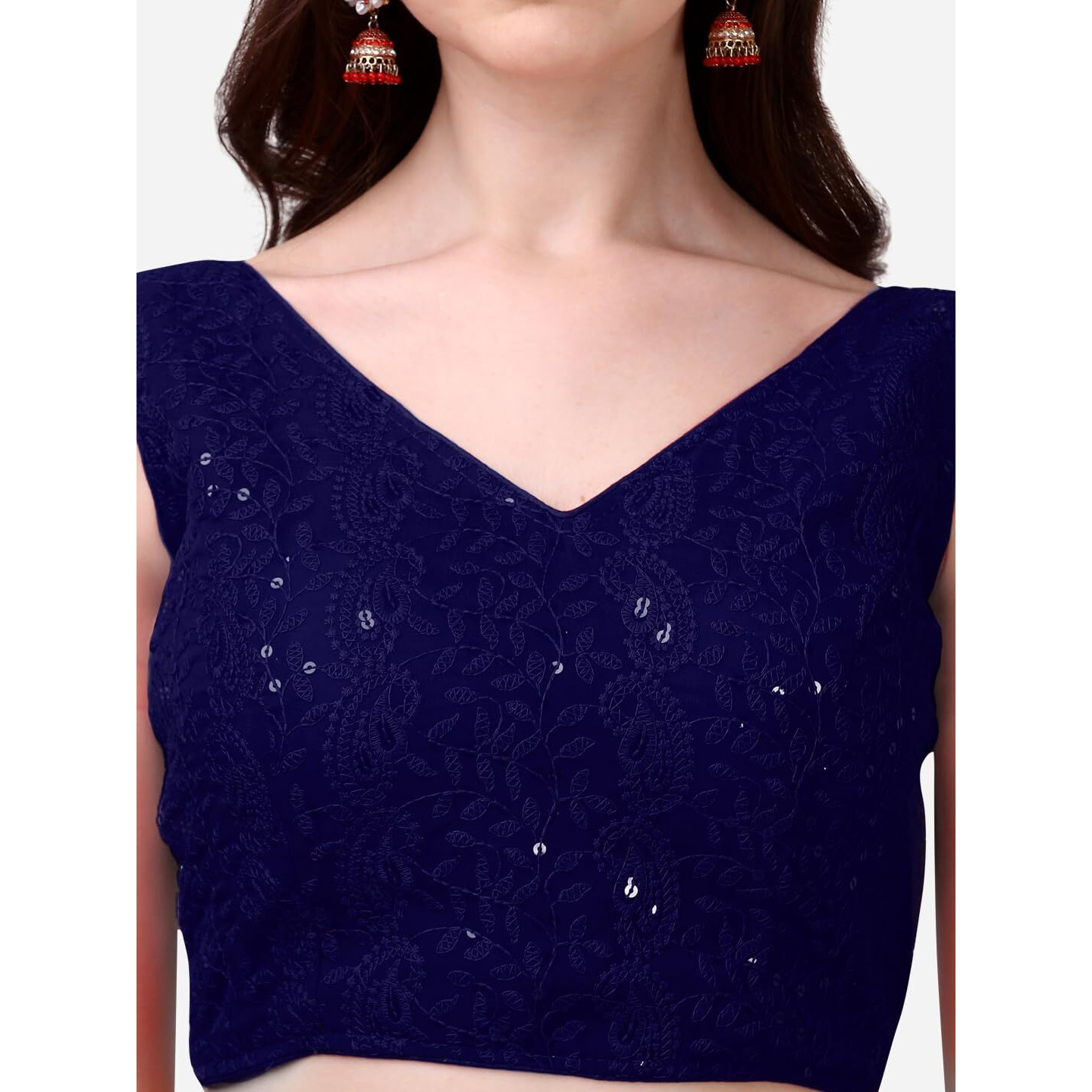 Pujia Mills Women's Georgette Sipali Sequin Work Sleeveless Blouse (Navy Blue, 34)