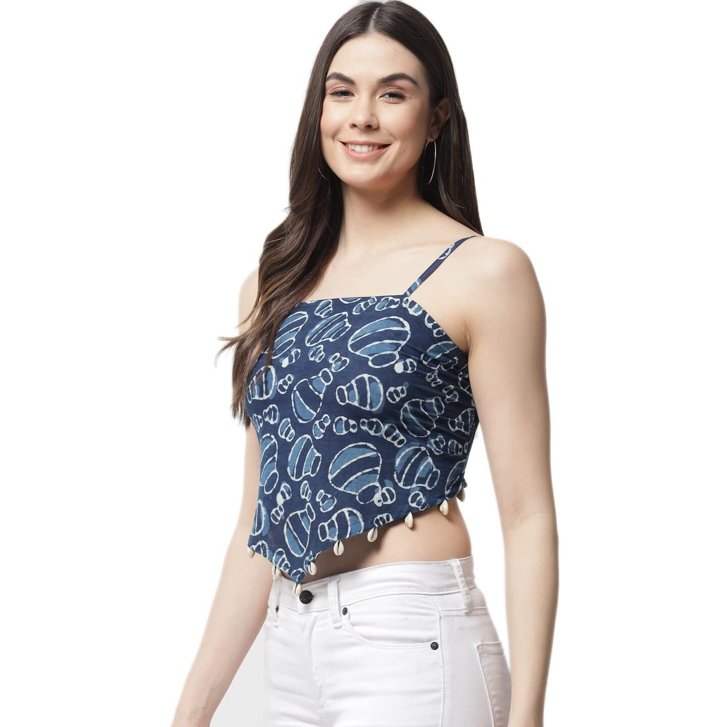 Popwings Blue Square Neck Printed Cotton Women Crop Top