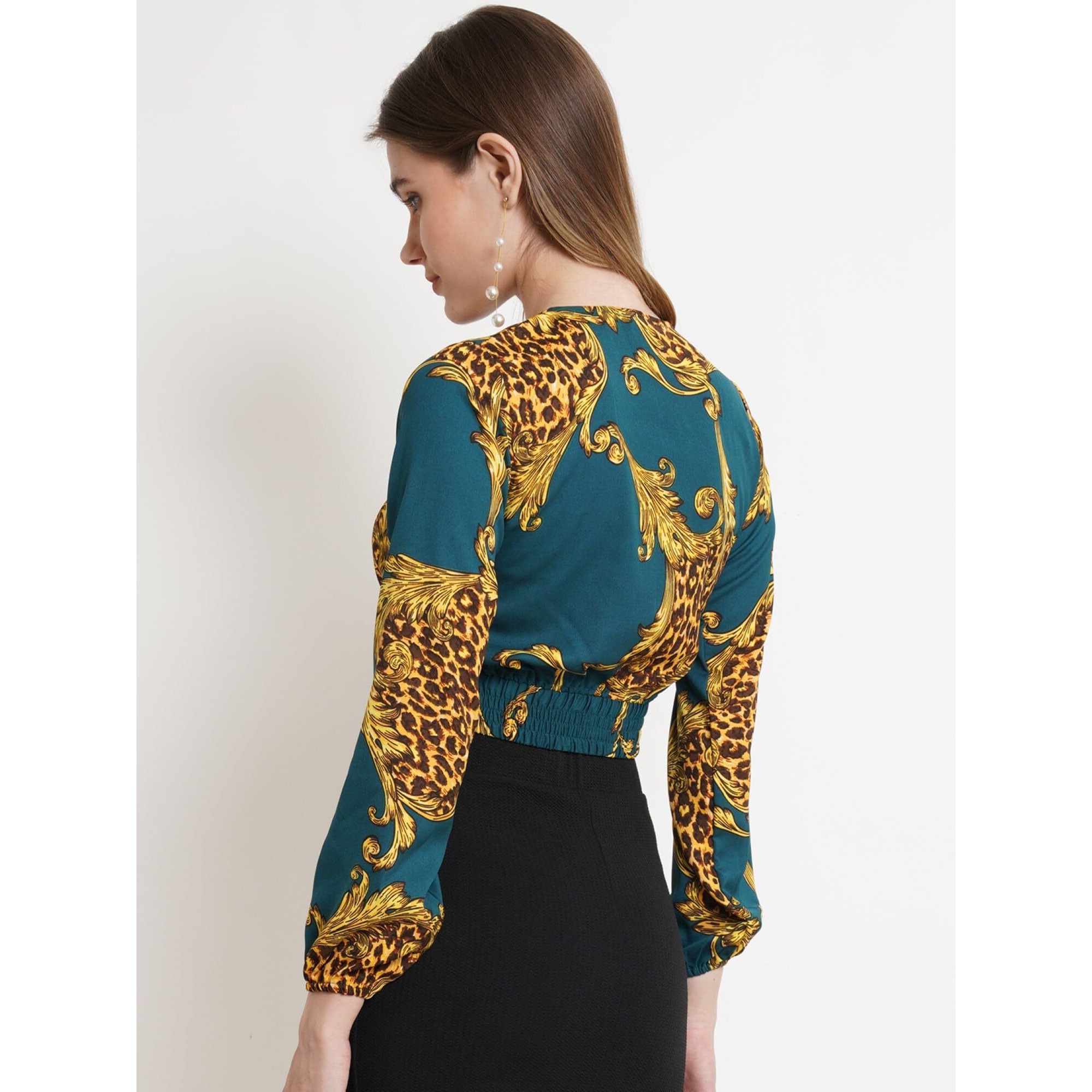 Popwings Casual Animal Print Full Sleeves Crop Top For Women || V-Neck Crop Top For Women || Crop Tops For Women Summer Crop Tops For Women Dark Green