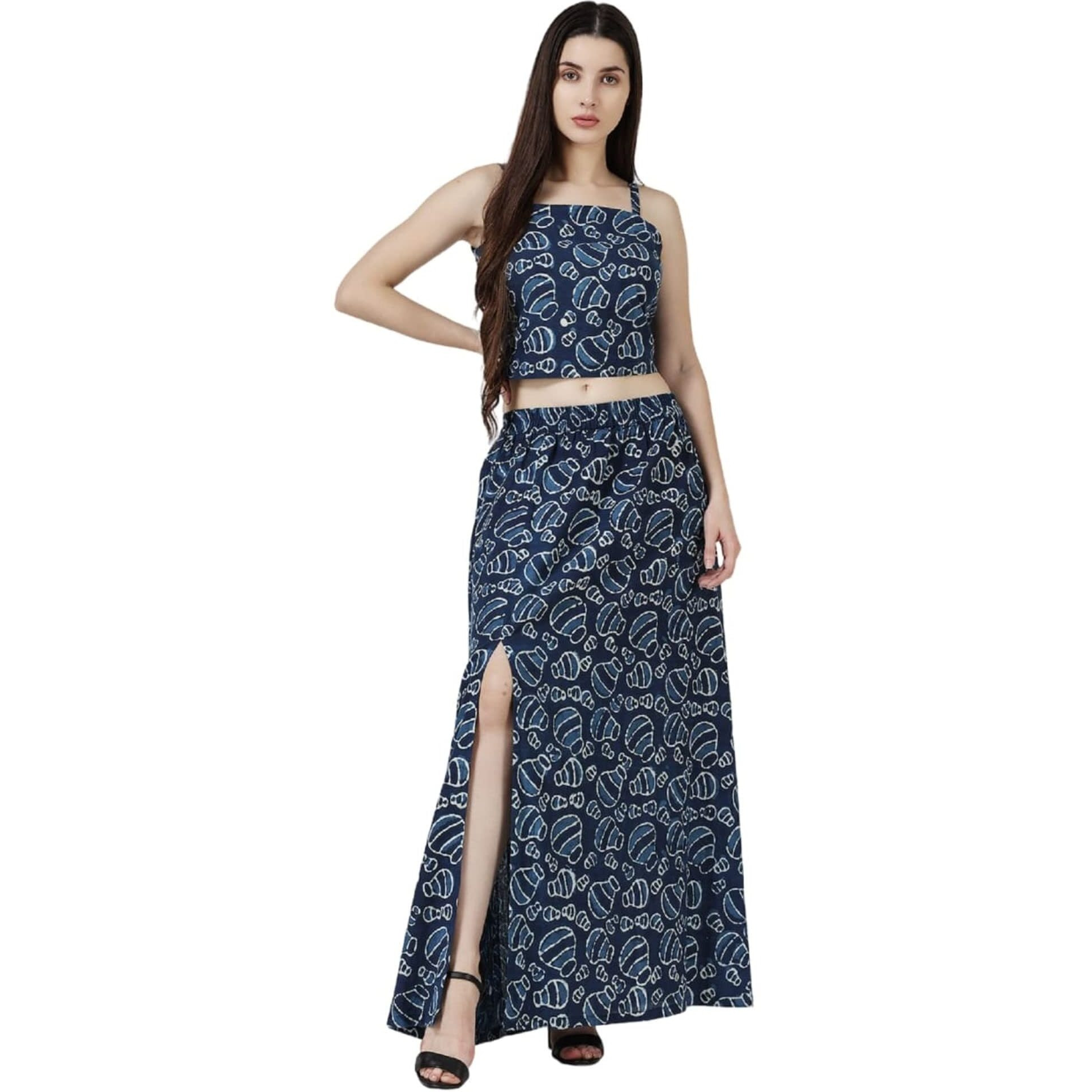Popwings Casual Bagru Printed Cotton Top And Skirt Co-Ord Set For Women || Pom Pom Top And Long Slit Skirt Dress Set For Women || Two Piece Women Set For Summer Indigo Blue