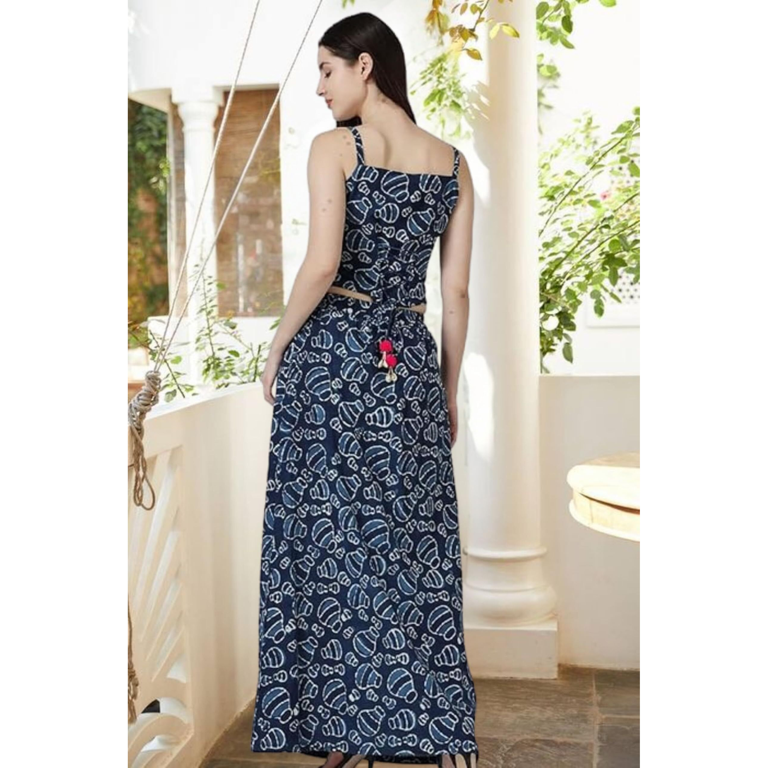 Popwings Casual Bagru Printed Cotton Top And Skirt Co-Ord Set For Women || Pom Pom Top And Long Slit Skirt Dress Set For Women || Two Piece Women Set For Summer Indigo Blue