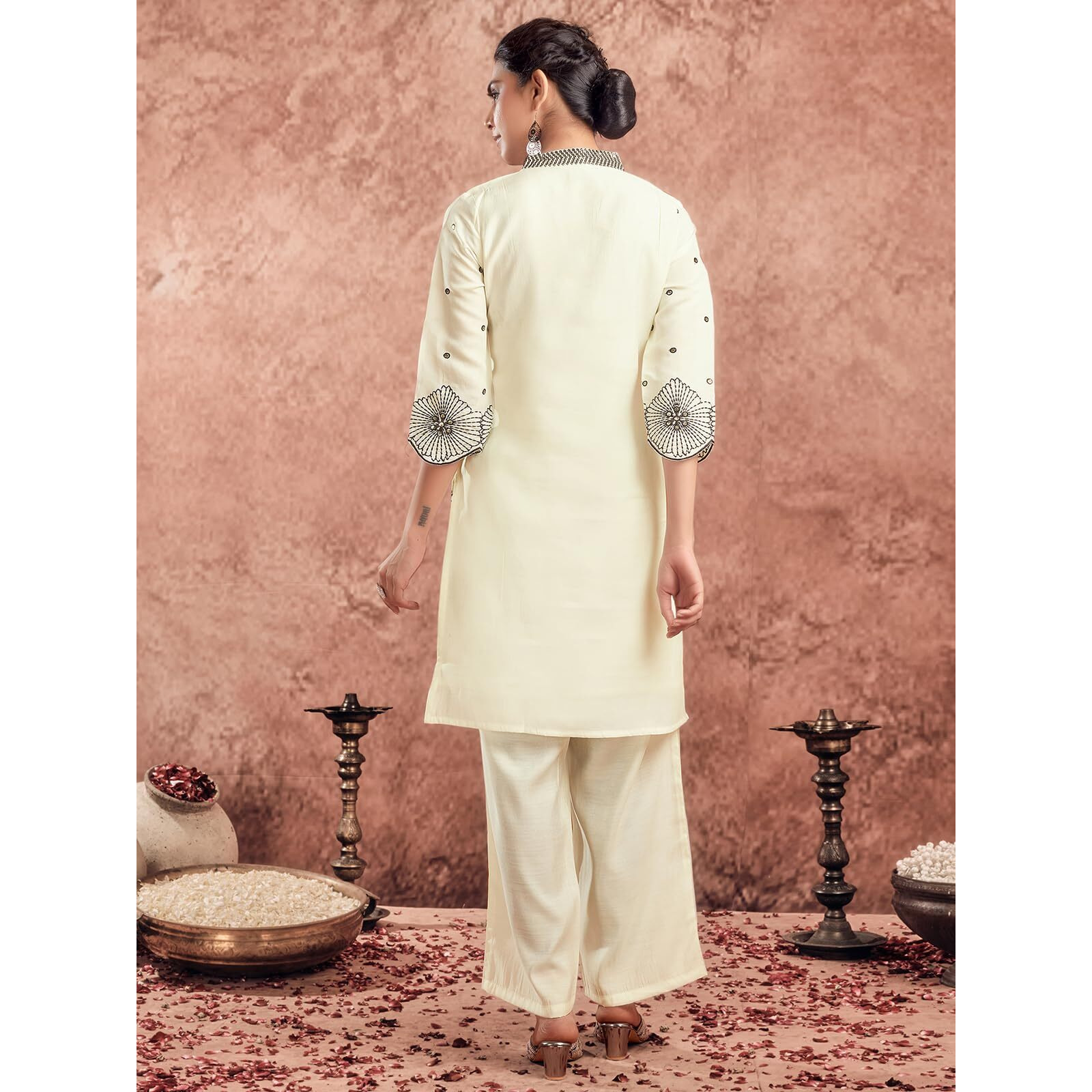 Selvia Co-Ords Set For Women|Silk Blend Kurti And Trouser Set|Ethnic Co-Ords Set For Women|Embroidery Two Piece Co-Ord Set(743Ctk8024N-Xxl_Creme)