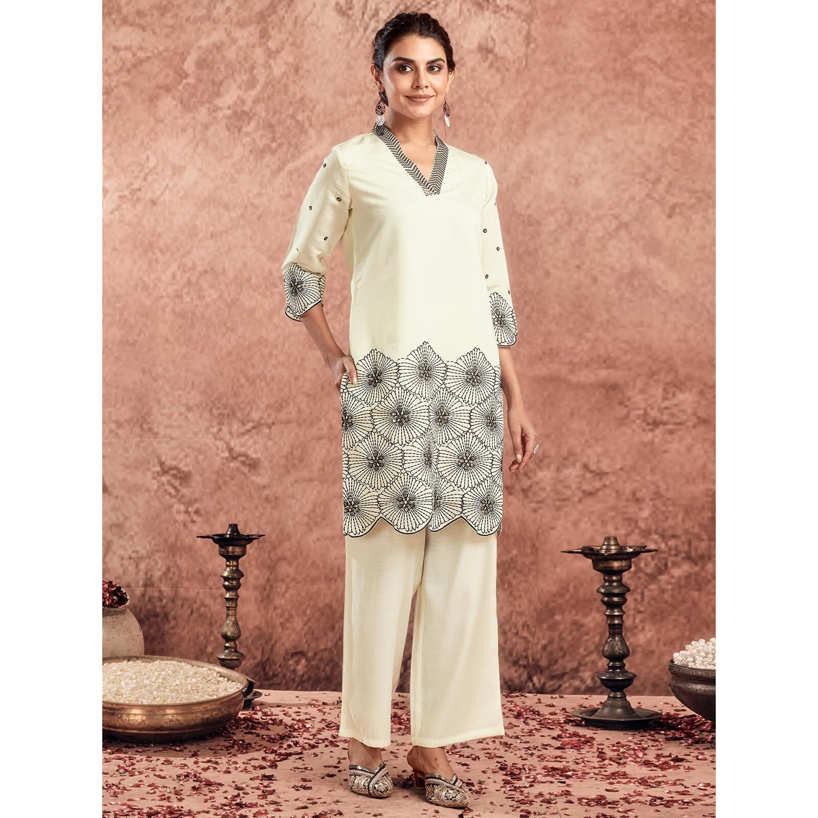 Selvia Co-Ords Set For Women|Silk Blend Kurti And Trouser Set|Ethnic Co-Ords Set For Women|Embroidery Two Piece Co-Ord Set(743Ctk8024N-Xxl_Creme)