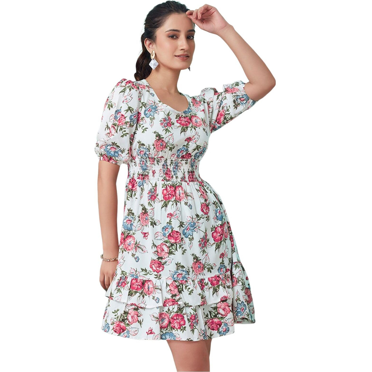 Selvia Western Dress For Women| Floral Printed Short Sleeve Crepe Western Dress For Women | Round Neck A-Line Dress For Women | One Piece Dress For Women (644Dtk656N-L_White & Multi)
