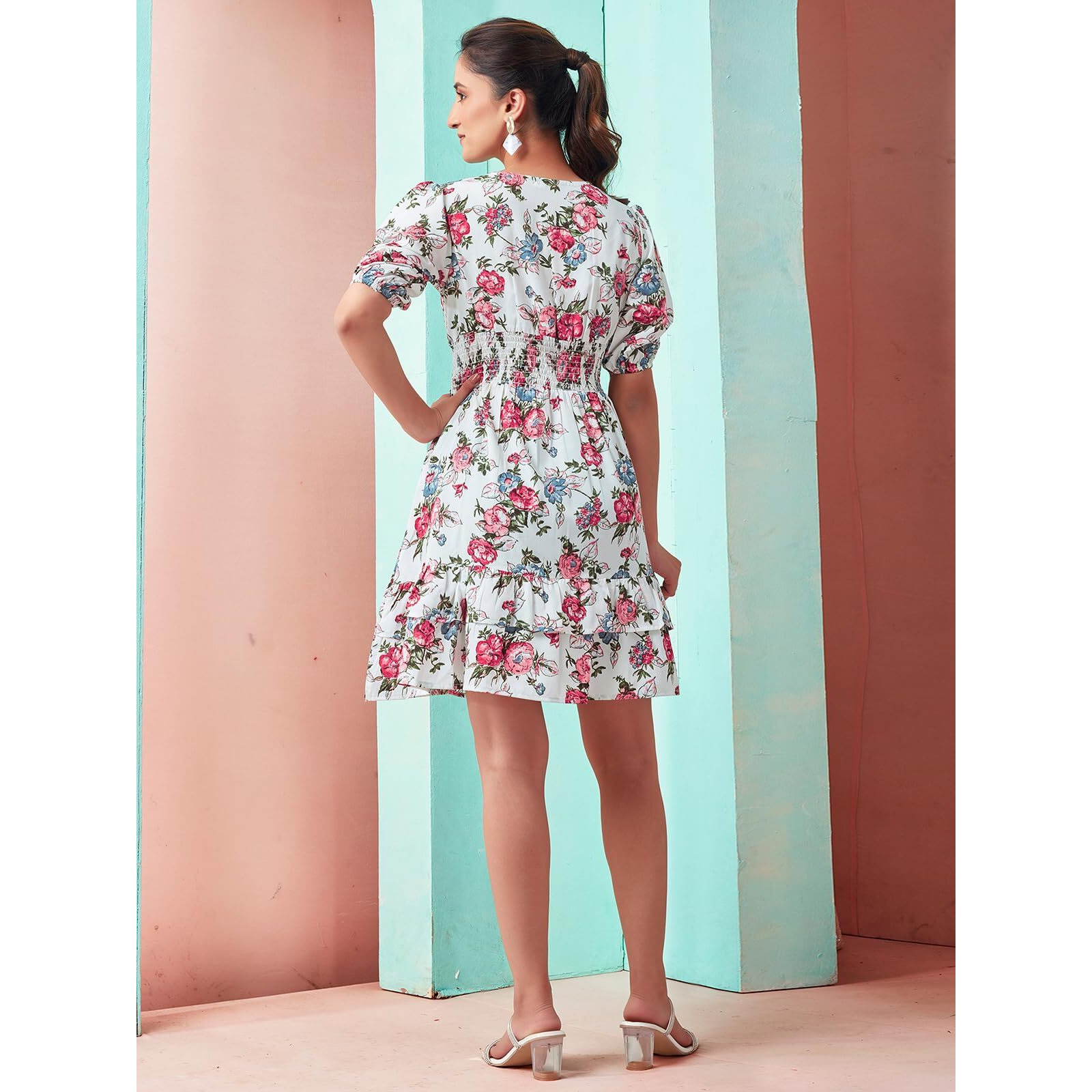 Selvia Western Dress For Women| Floral Printed Short Sleeve Crepe Western Dress For Women | Round Neck A-Line Dress For Women | One Piece Dress For Women (644Dtk656N-L_White & Multi)