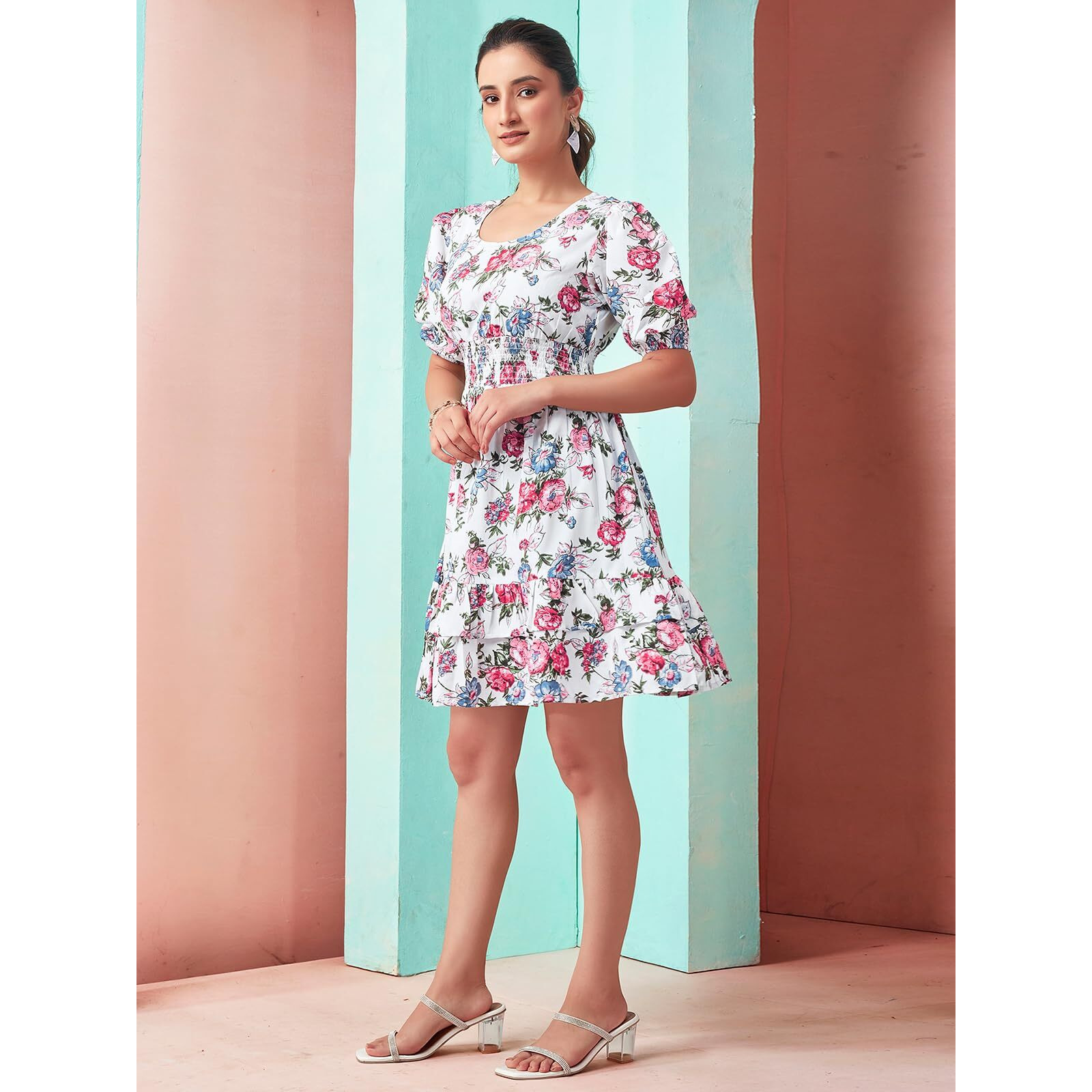 Selvia Western Dress For Women| Floral Printed Short Sleeve Crepe Western Dress For Women | Round Neck A-Line Dress For Women | One Piece Dress For Women (644Dtk656N-L_White & Multi)