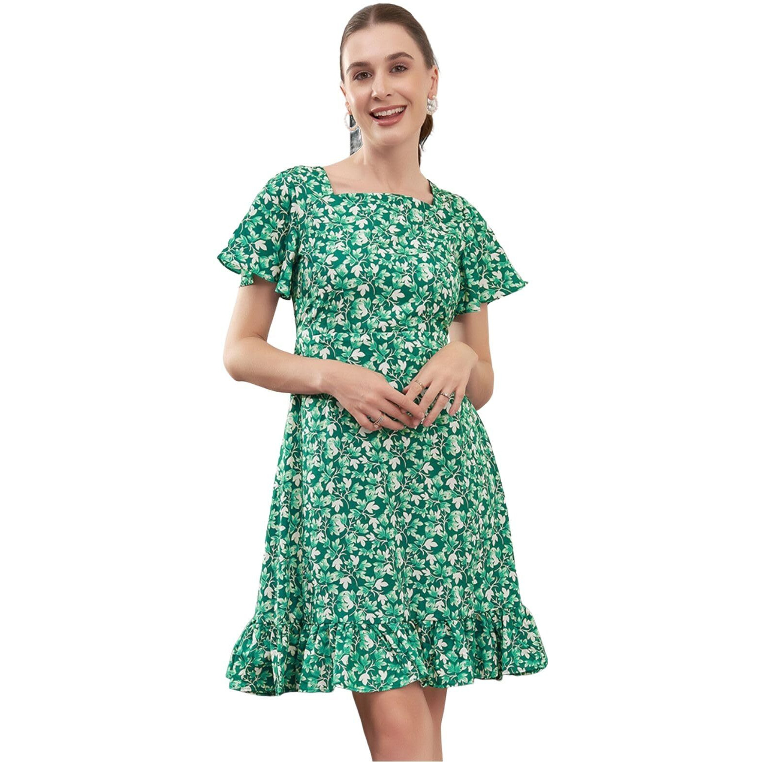 Selvia Western Dress For Women | Floral Printed Crepe Western Dress For Women | Fit & Flare Dress For Women | One Piece Dress For Women (693Dtk7835N-Xs_Dark Green & White)