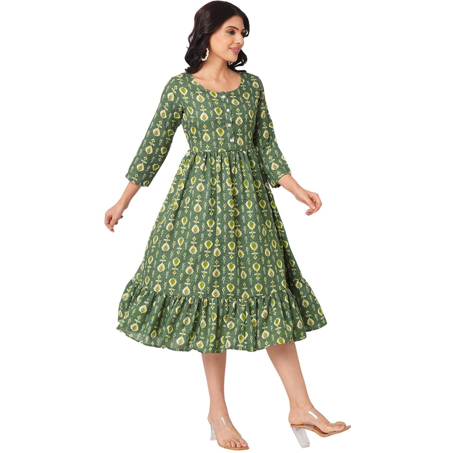 Selvia Western Dress For Women|Cotton Blend Dress For Women|Fit & Flare Dress|Foil Printed Dress For Women|One Piece Dress For Women (696Dtk7853N-M_Green & Cream & Gold & Multi)