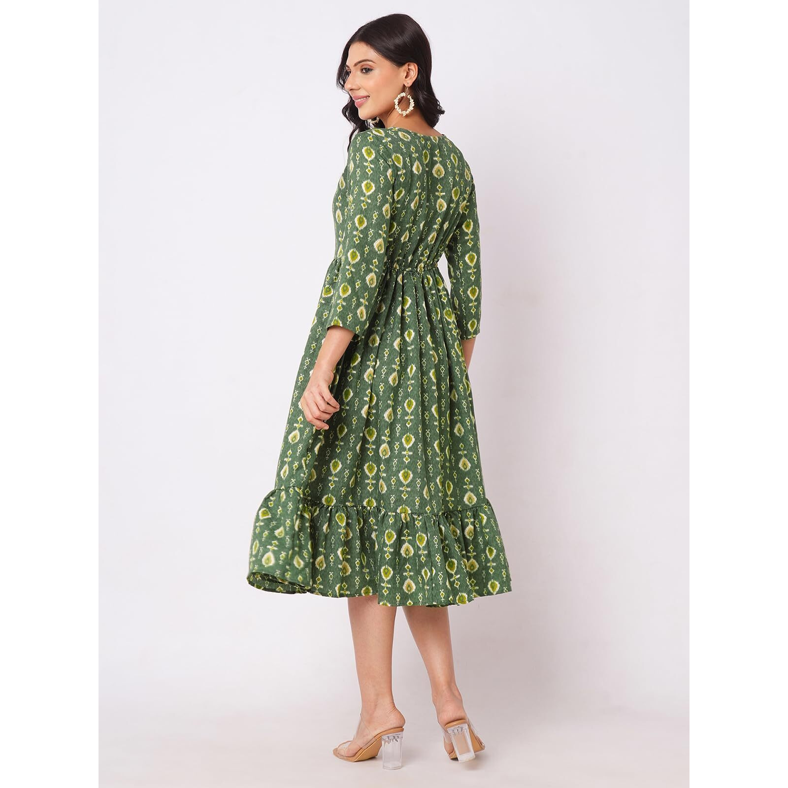 Selvia Western Dress For Women|Cotton Blend Dress For Women|Fit & Flare Dress|Foil Printed Dress For Women|One Piece Dress For Women (696Dtk7853N-M_Green & Cream & Gold & Multi)