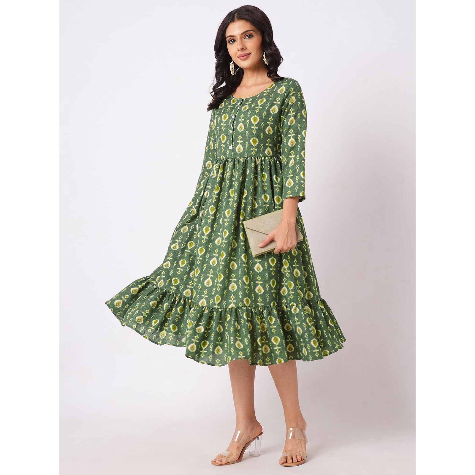 Selvia Western Dress For Women|Cotton Blend Dress For Women|Fit & Flare Dress|Foil Printed Dress For Women|One Piece Dress For Women (696Dtk7853N-M_Green & Cream & Gold & Multi)
