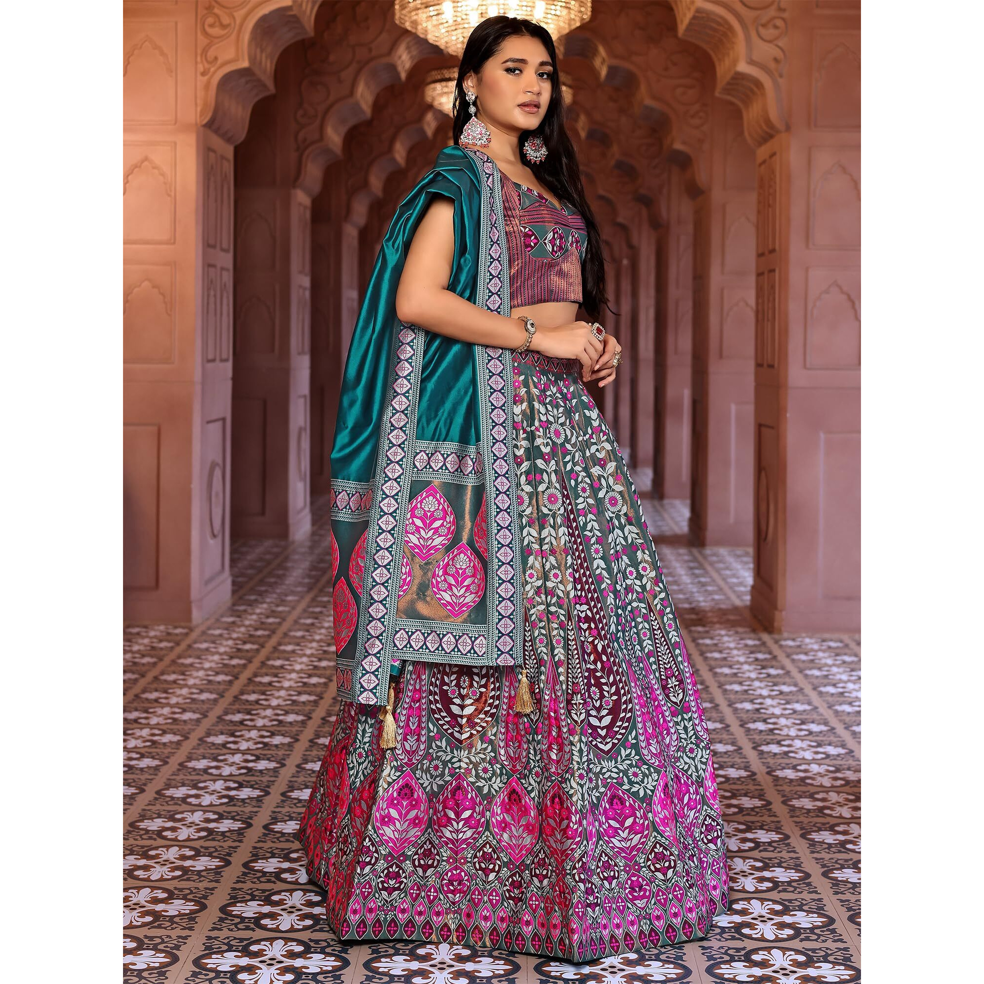 Purvaja Women Faux Silk Semi-Stitched Lehenga Choli Set (Nayab-Rama_Turquoise_Free Size)