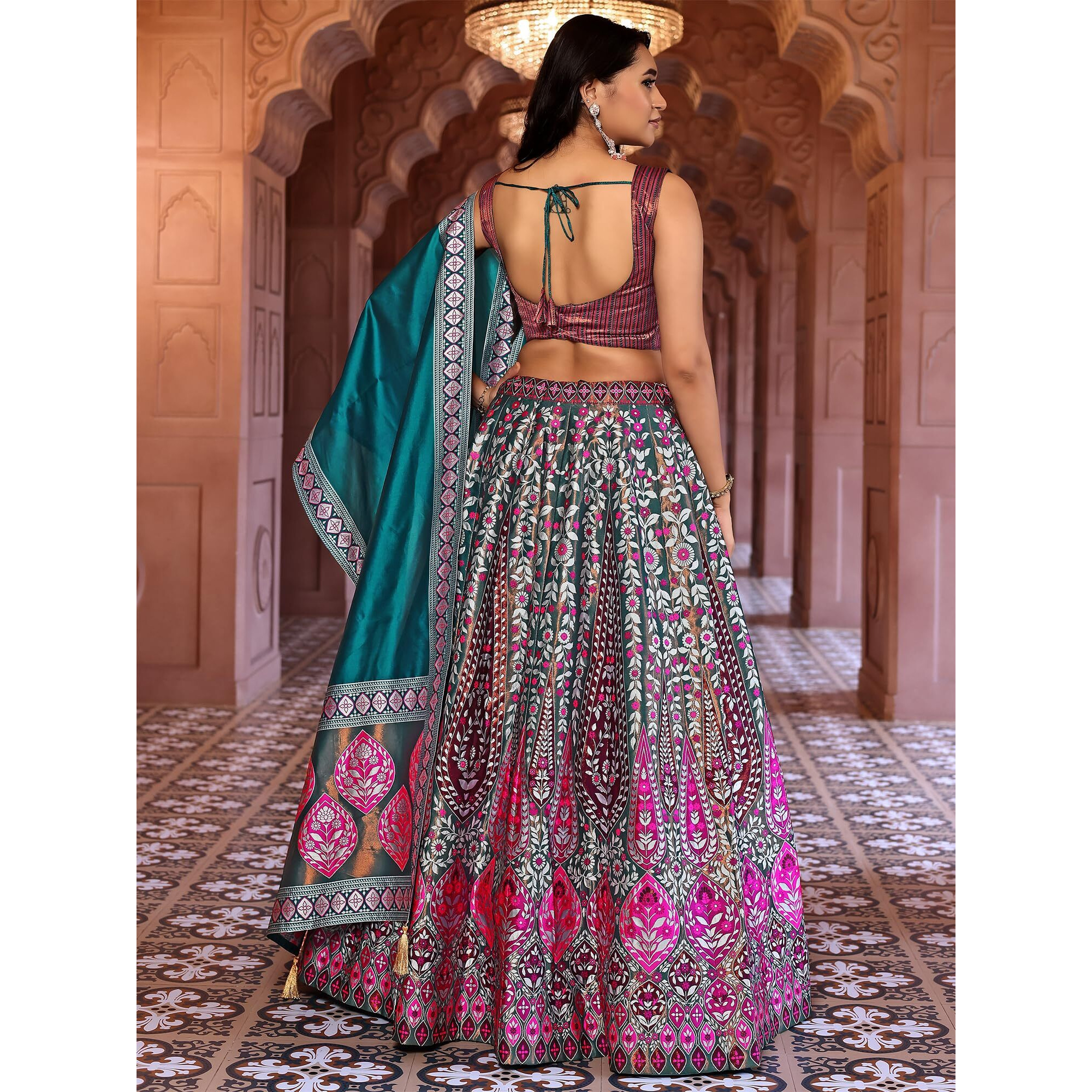 Purvaja Women Faux Silk Semi-Stitched Lehenga Choli Set (Nayab-Rama_Turquoise_Free Size)