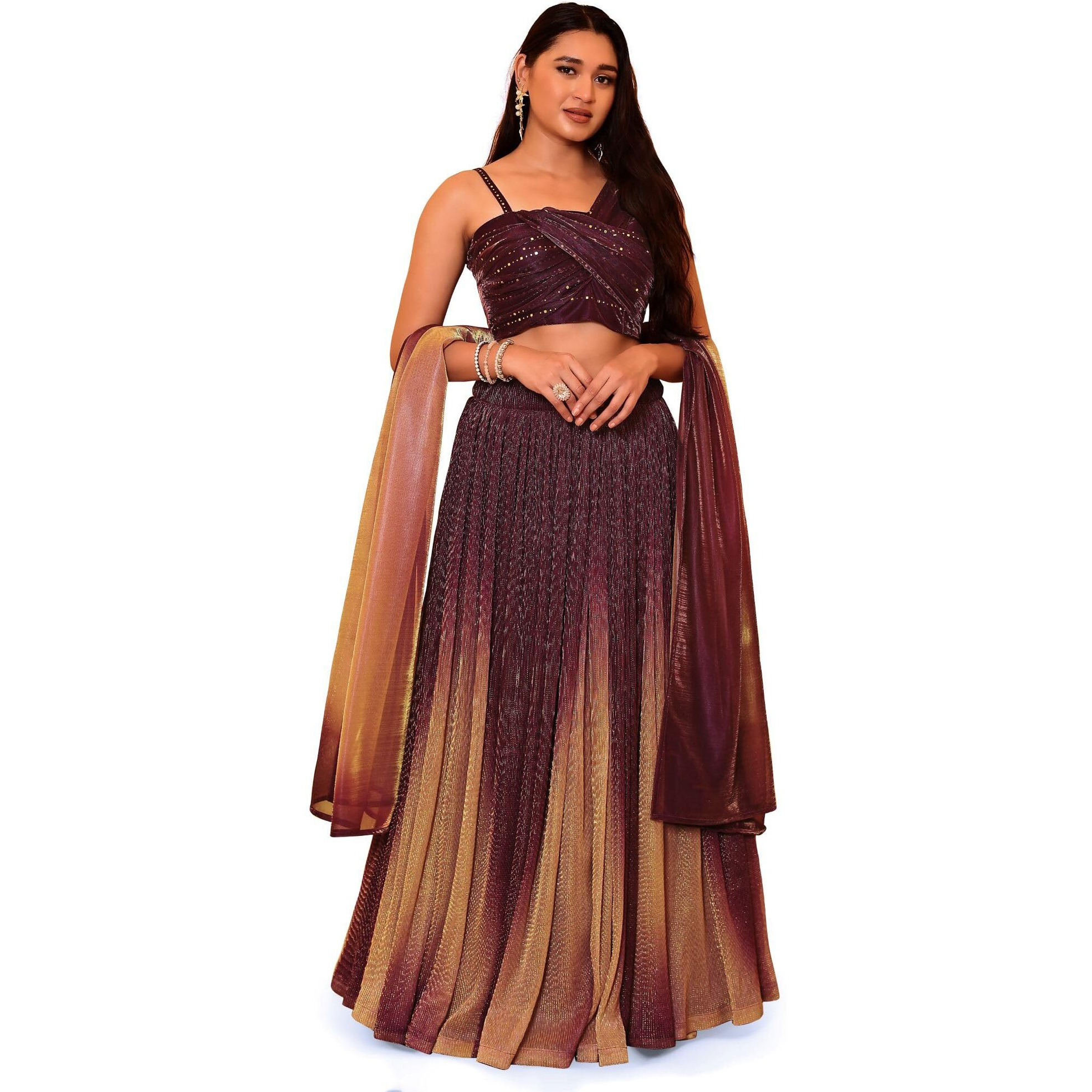 Purvaja Women Polyester Blend Semi-Stitched Lehenga Choli (Liya-Wine Free Size)