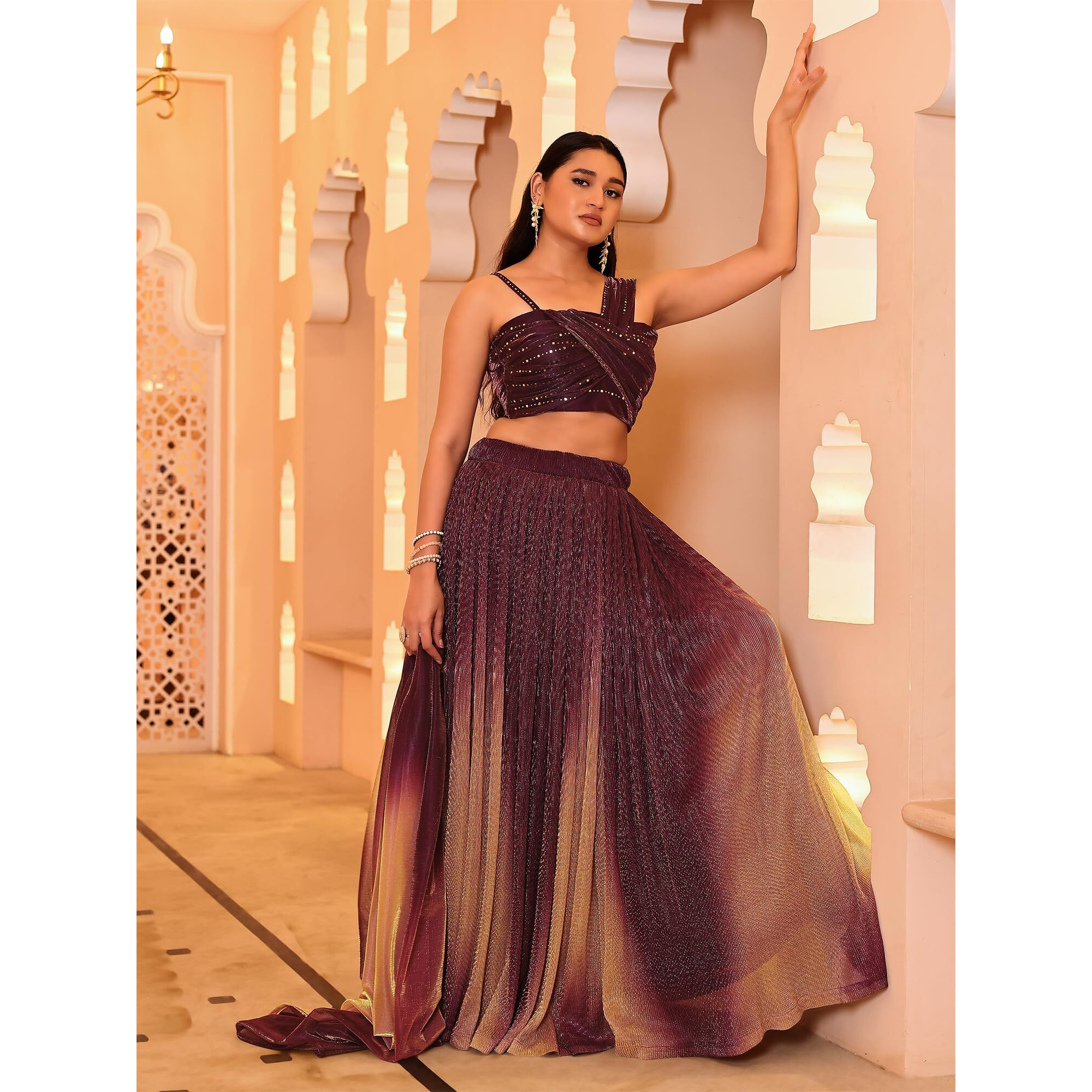 Purvaja Women Polyester Blend Semi-Stitched Lehenga Choli (Liya-Wine Free Size)