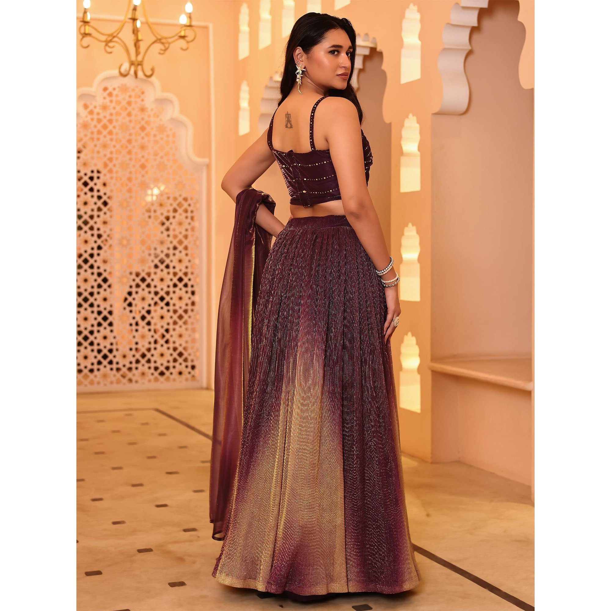 Purvaja Women Polyester Blend Semi-Stitched Lehenga Choli (Liya-Wine Free Size)