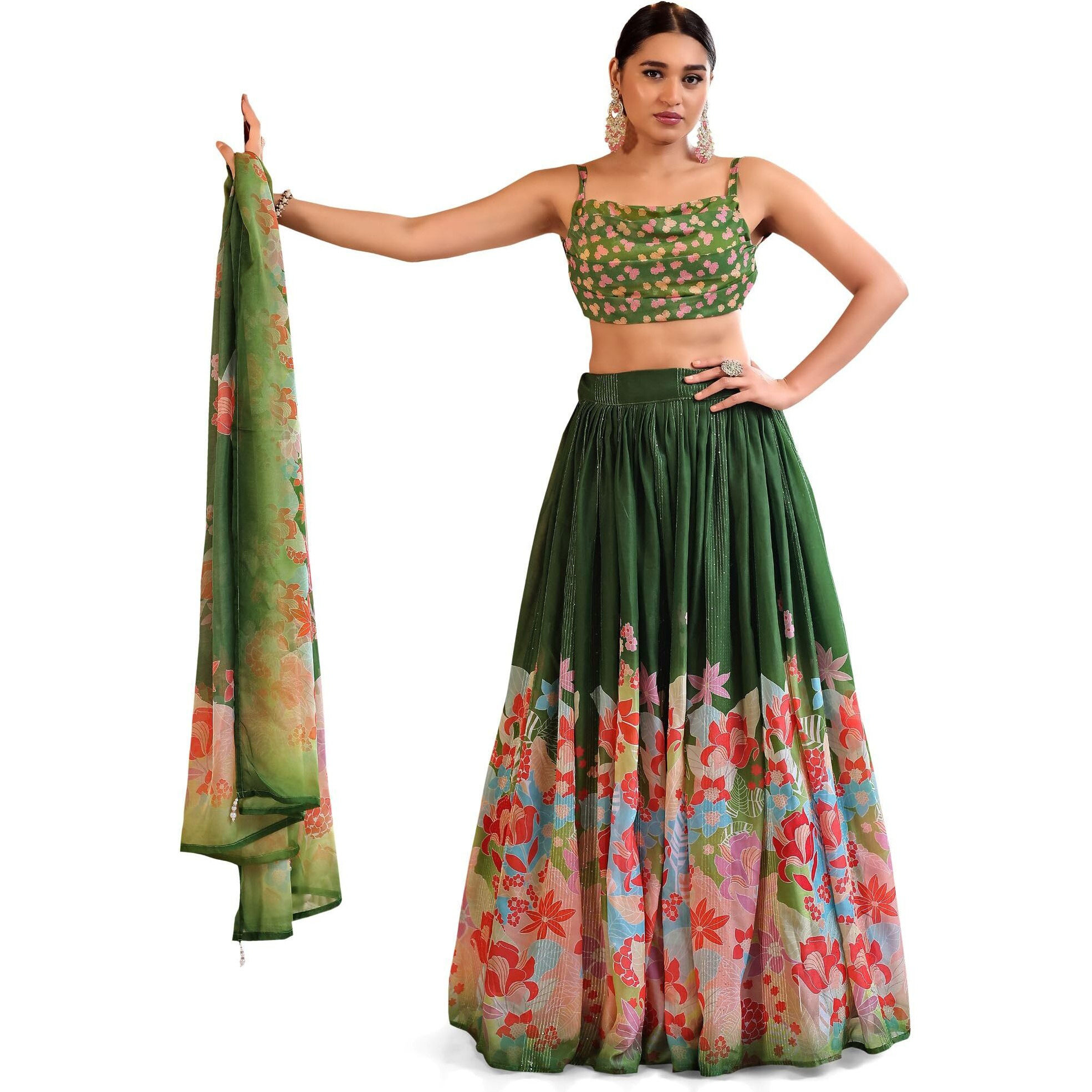 Purvaja Women Georgette Semi-Stitched Lehenga Choli Set (Viana-Green Free Size)