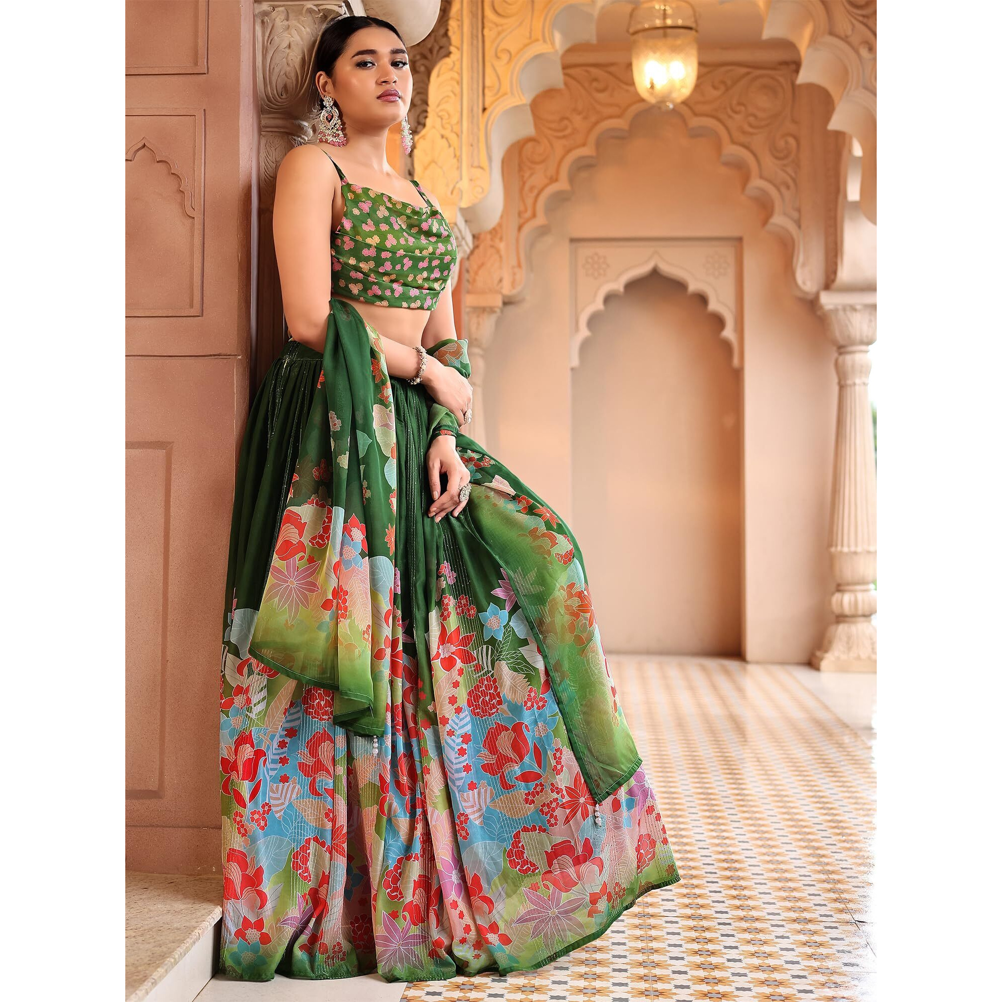 Purvaja Women Georgette Semi-Stitched Lehenga Choli Set (Viana-Green Free Size)