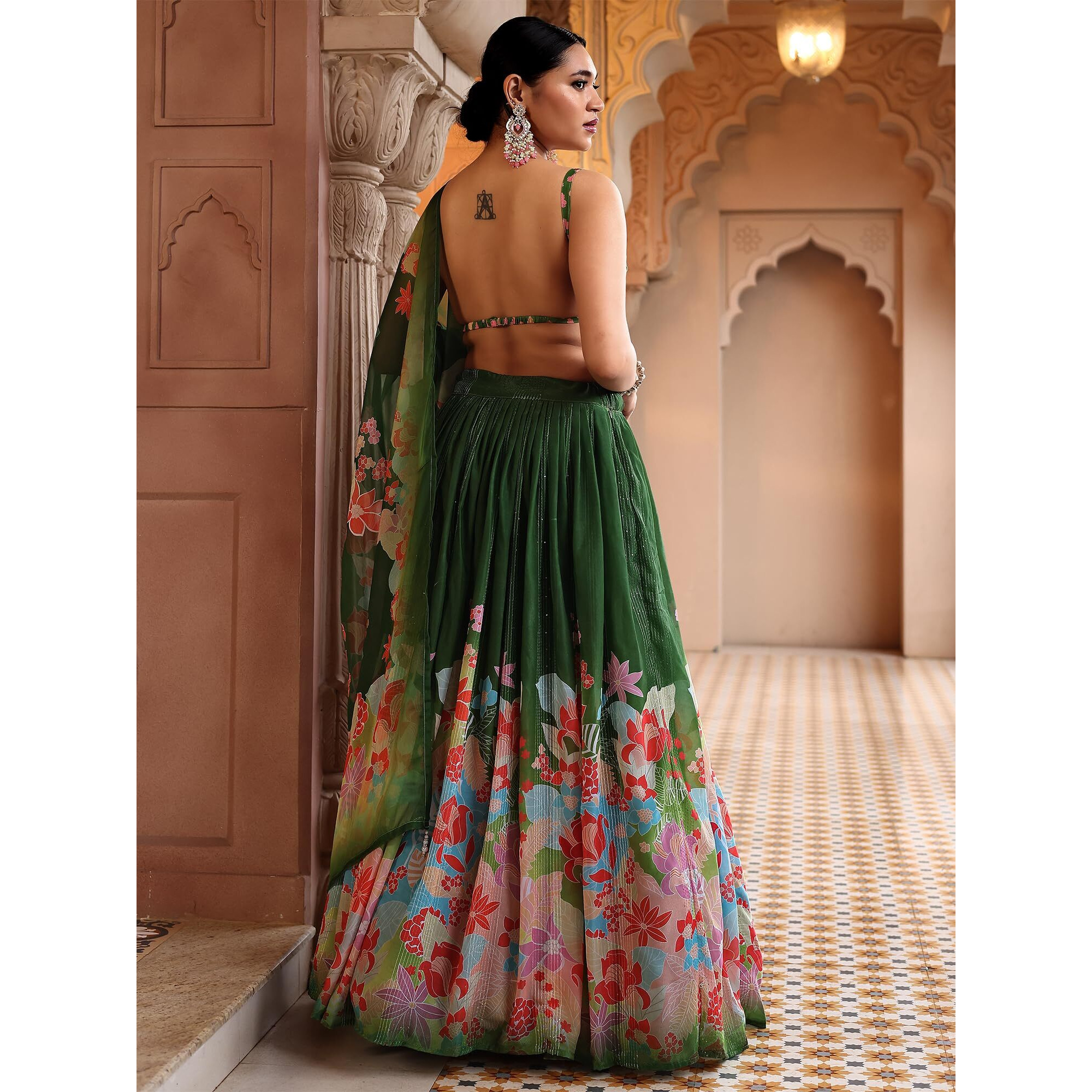 Purvaja Women Georgette Semi-Stitched Lehenga Choli Set (Viana-Green Free Size)