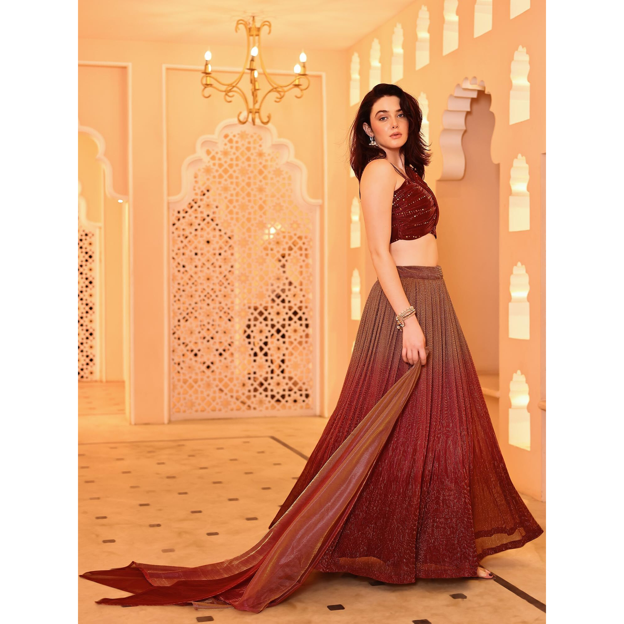 Purvaja Women Polyester Blend Semi-Stitched Lehenga Choli (Liya-Maroon Free Size)