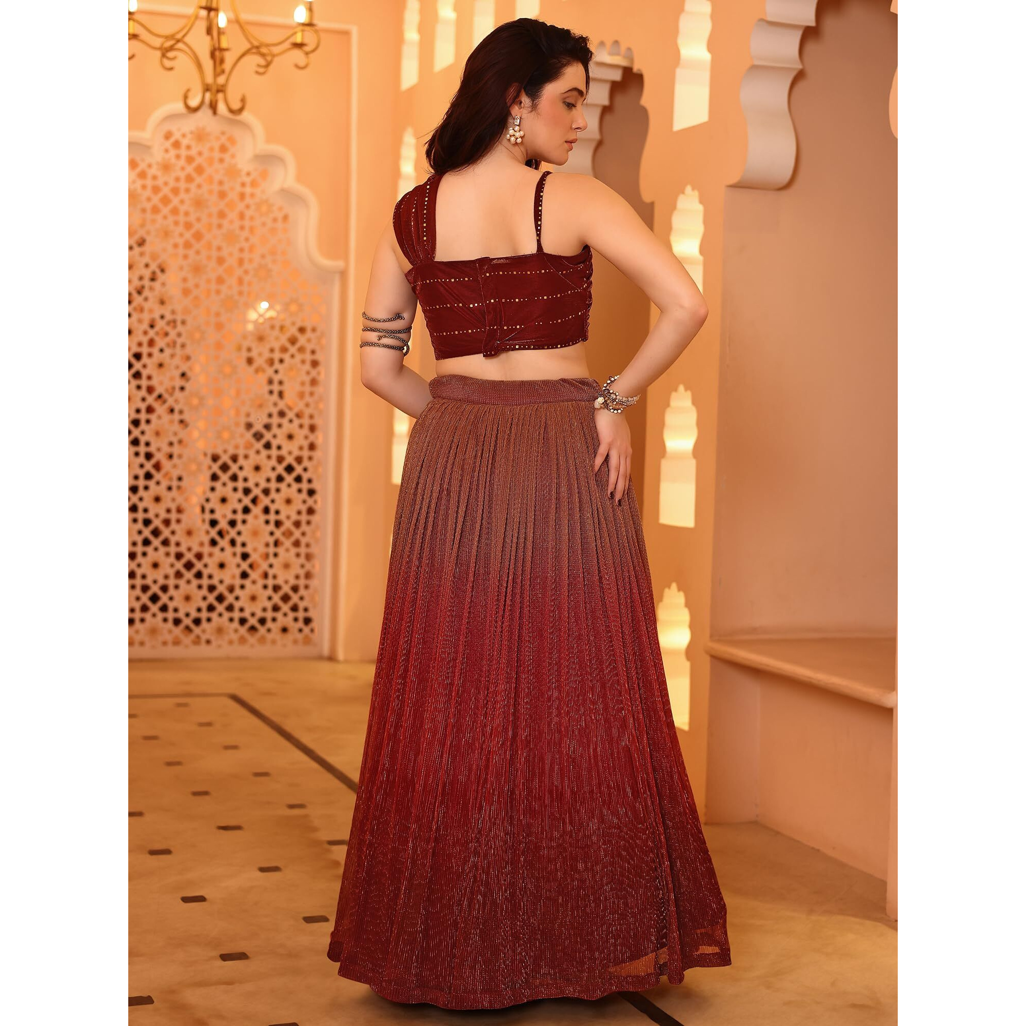 Purvaja Women Polyester Blend Semi-Stitched Lehenga Choli (Liya-Maroon Free Size)
