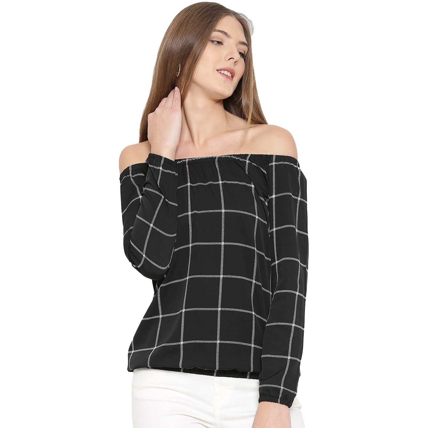 Rare Women Black Checked Off-Shoulder Top (Ep1423-S)
