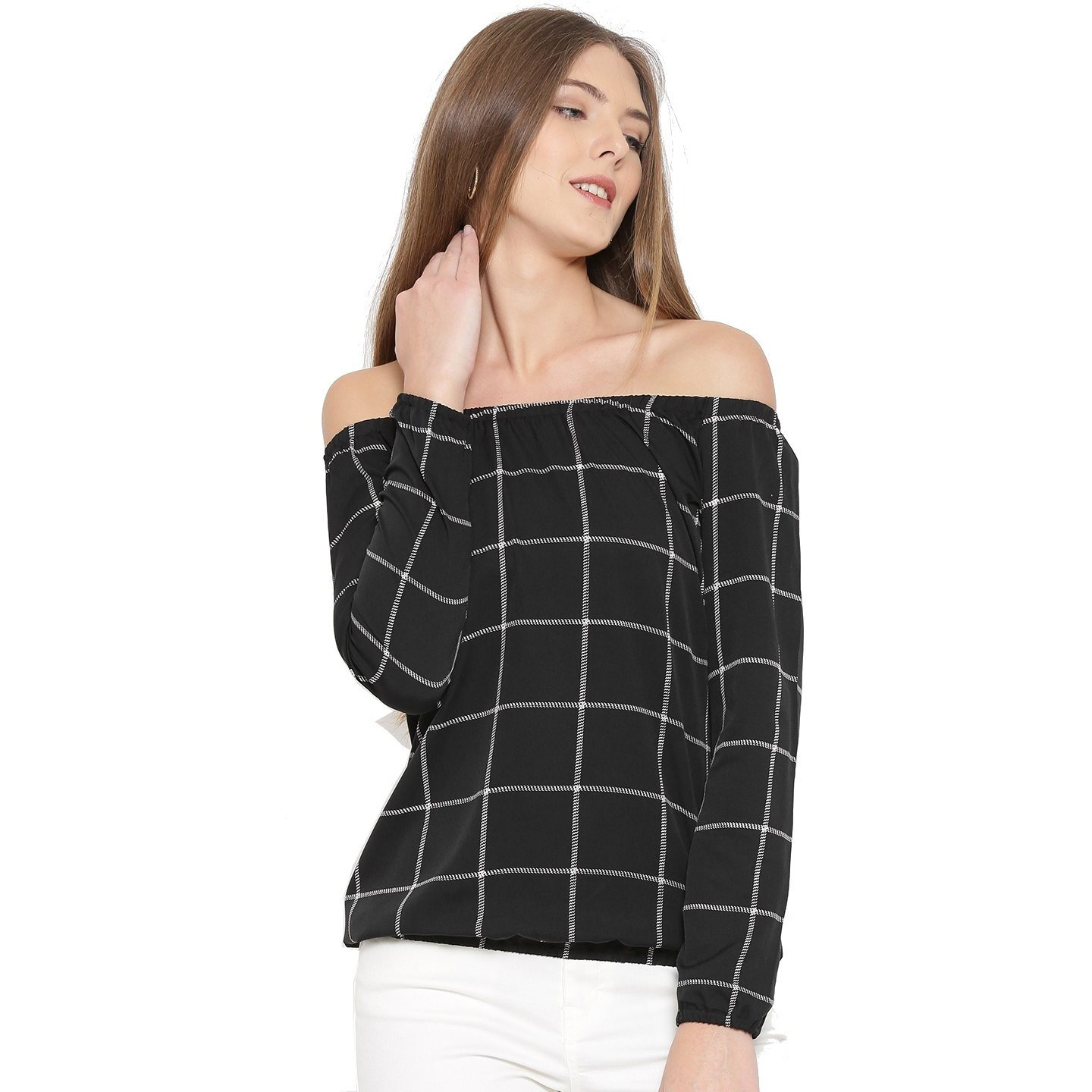 Rare Women Black Checked Off-Shoulder Top (Ep1423-S)